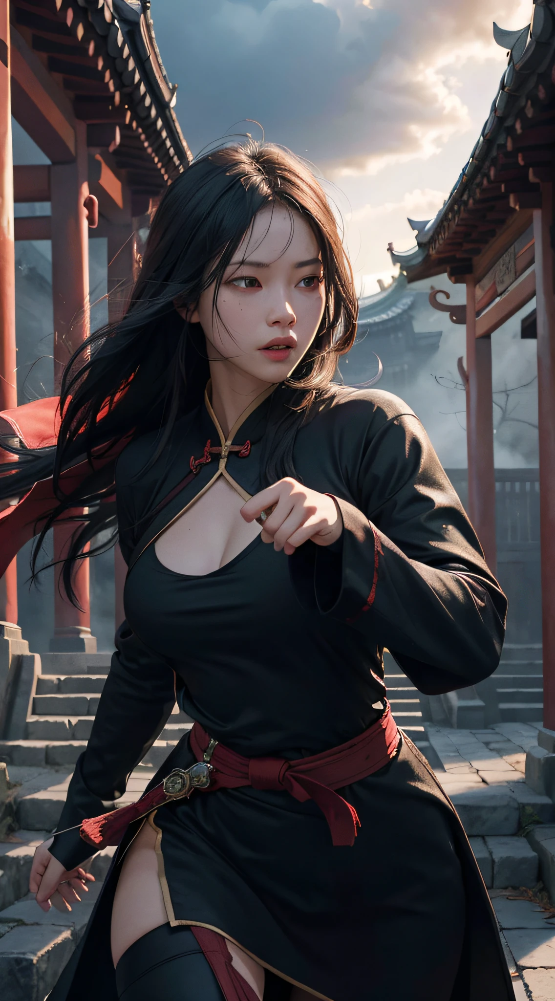 (Frontal focus), (In the dark: 1), (Best quality), (Realisticity: 1), Realistic skin texture, highly detailed, 8k wallpaper, volumetric lighting, dynamic lighting, a girl, black robe, red belt, chest clothing is damaged, wearing a veil, covering the mouth and nose, holding a short sword in front of the body, ancient Chinese wind, escape action, running, escaping, being hunted down, short sword at the waist, half-squat attack posture, blood stains, broken clothes, ancient Chinese architecture, night, dramatic composition,
