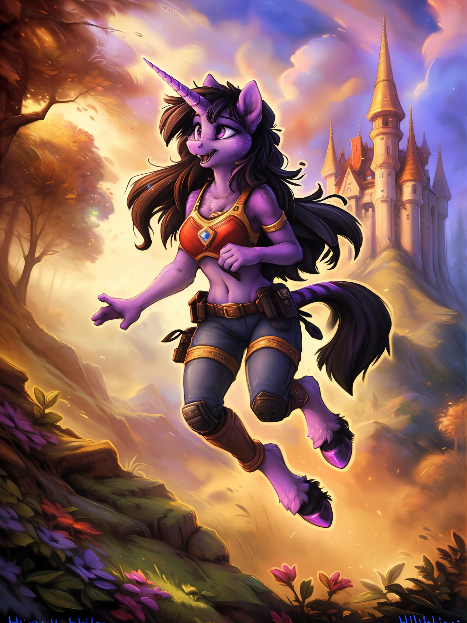 (by hioshiru and kenket and dimwitdog, Michael &amp; Inessa Garmash, Ruan Jia, Pino Daeni, Chunie), pony unicorn Twilight Sparkle as a paladin, Zootopia style, my little pony, friendship is magic, young adult female, purple fur, purple body, hooves, long black tail, black mane, pink sparkling eyes, (muscular:0.4), solo, alone, summer castle on the background