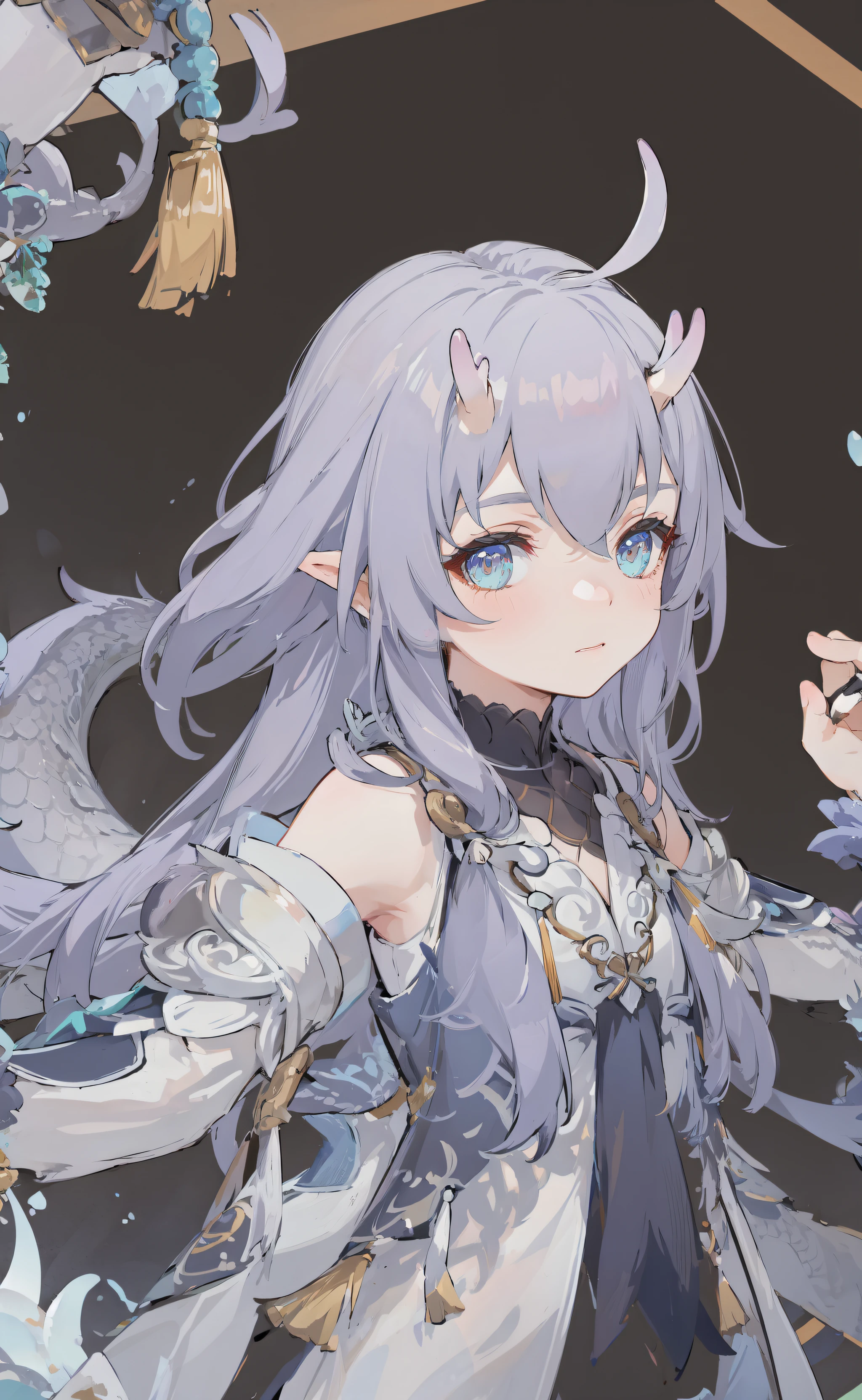 (masterpiece), (best quality), (ultra detailed), bailu, front looking, looking at viewer, one dragon tail, 2horns, upper body