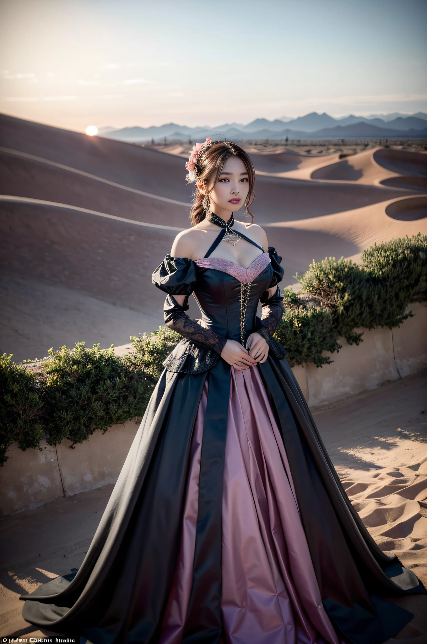 (Realisticity: 1.3), Fine, Quality, Rembrandt Lighting, (Masterpiece: 1.2), (Realisticity: 1.2), (Best Quality), (Skin Detail: 1.3), (Intricate Detail), Dramatic, Ray Tracing, 1girl, Chinese Girl, Full Body, Brunet, Long Curls, 21 years old, Medium Tits, wearing a couture dress dress. Next to the huge flowers ten meters tall, the background is pink desert, pink clouds, sunset.