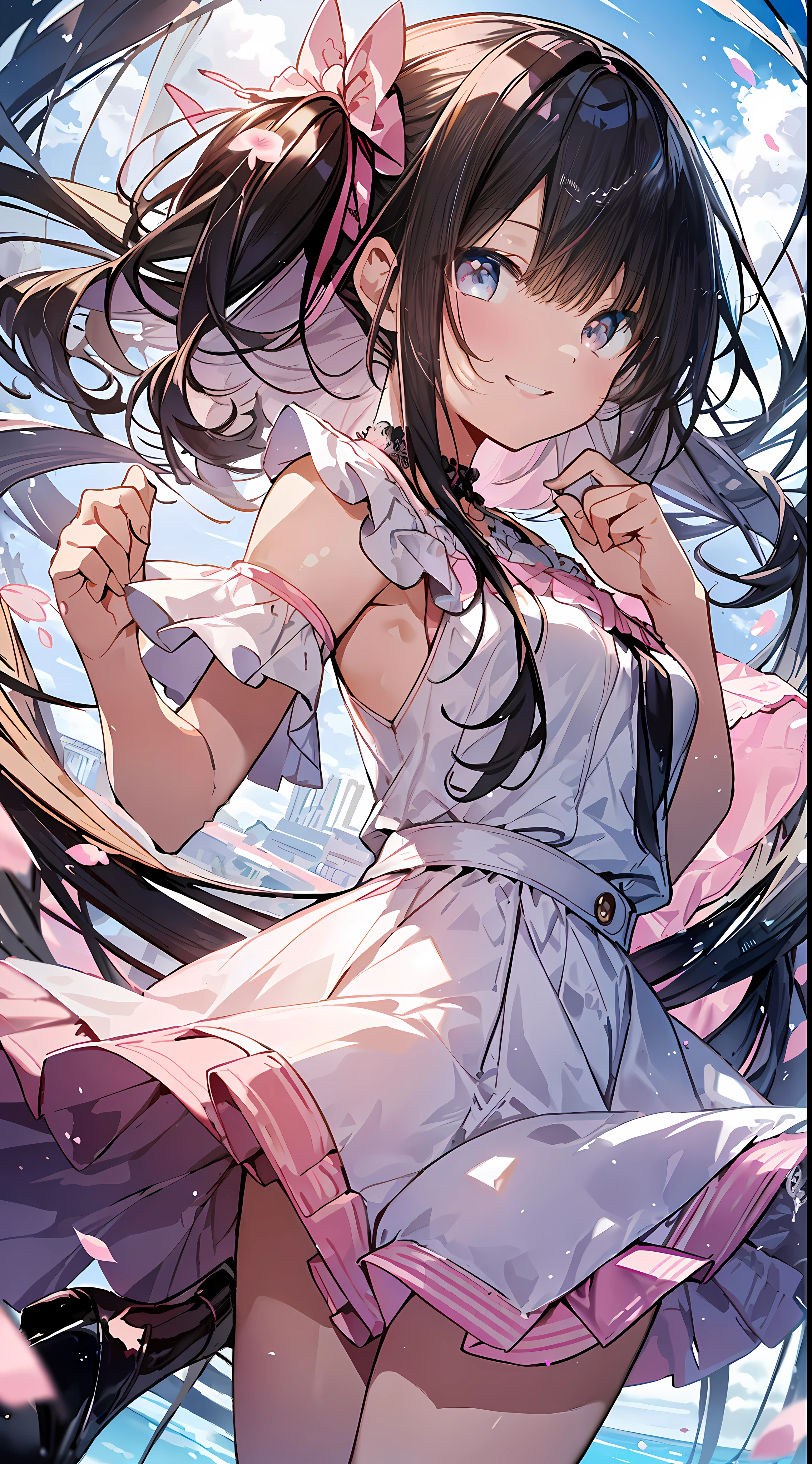 Top Quality, Masterpiece, Ultra High Definition, 8K, Summer Sky, Early Summer, (((Pink Ruffled Tops, White Skirts, High Heels)), Shojo Manga Style , One, Soft Line Art, Digital Enhancement, Shojo Manga Touch, Shojo Manga Core, Flowing Fabric, Close Up, (Shoulder-length and Short Braids)), Wet Hair, Staring at us from the front, Soft Drawing, Beautiful black hair, clear eyes, ((teasing smile)), ultra-detailed digital anime art, clear face depiction, ultra-detailed shojo manga character art, ultra-detailed manga style, top quality colors, hand gestures, landscape with nature, looking up at the sky, angle that can see up to your feet