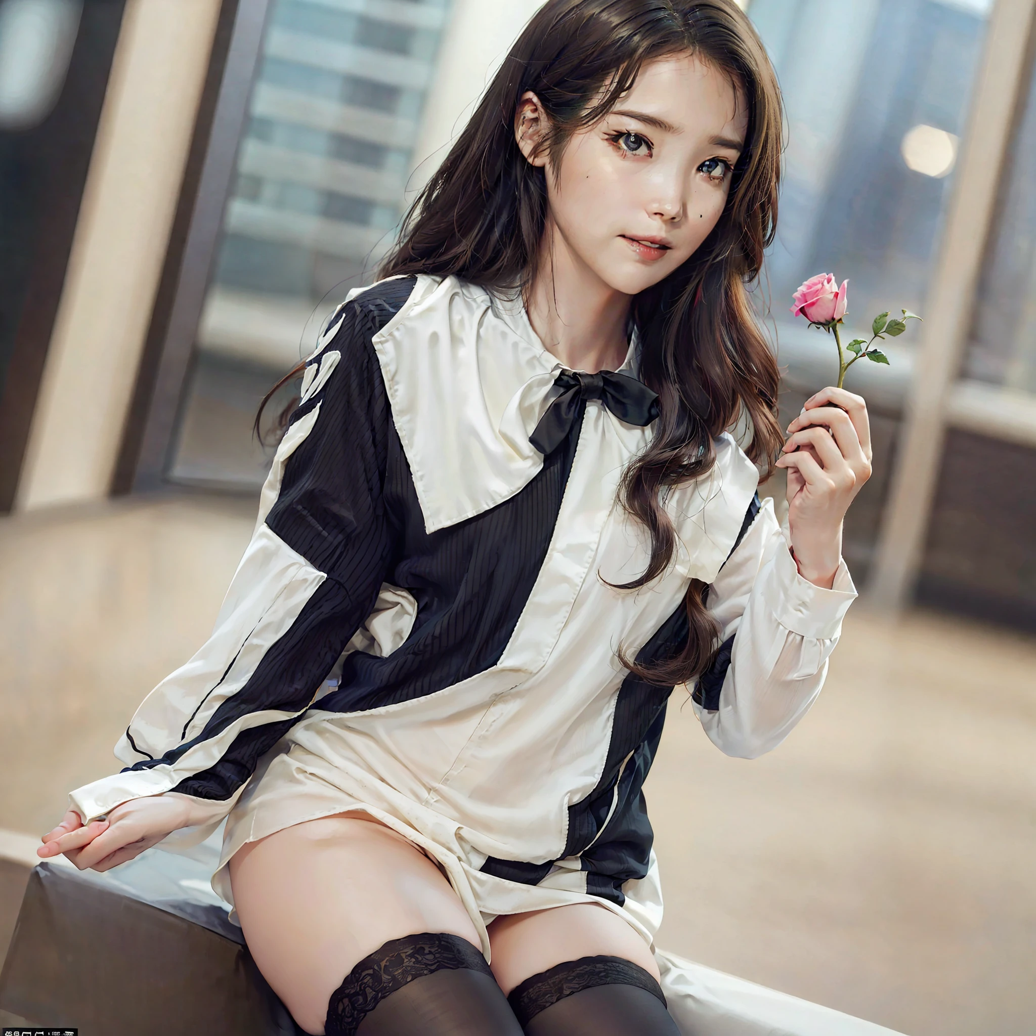 "((Best quality, masterpiece: 1.3)), Sharp focus: 1.2, a Western beauty, wearing a fashionable JK uniform, donning black stockings, holding a rose in her hand, taking a selfie with an Apple phone, her hair is slightly curly, hair color is light yellow, her face is adorned with a warm smile, she possesses a full-bodied figure, she is located in a towering skyscraper, despite the backdrop being the skyscraper, she remains the focus of the image.", mole under eye, heart-shaped pupils, depth of field, Surrealism, 8k, UHD, textured skin, super detail, best quality --auto --s2