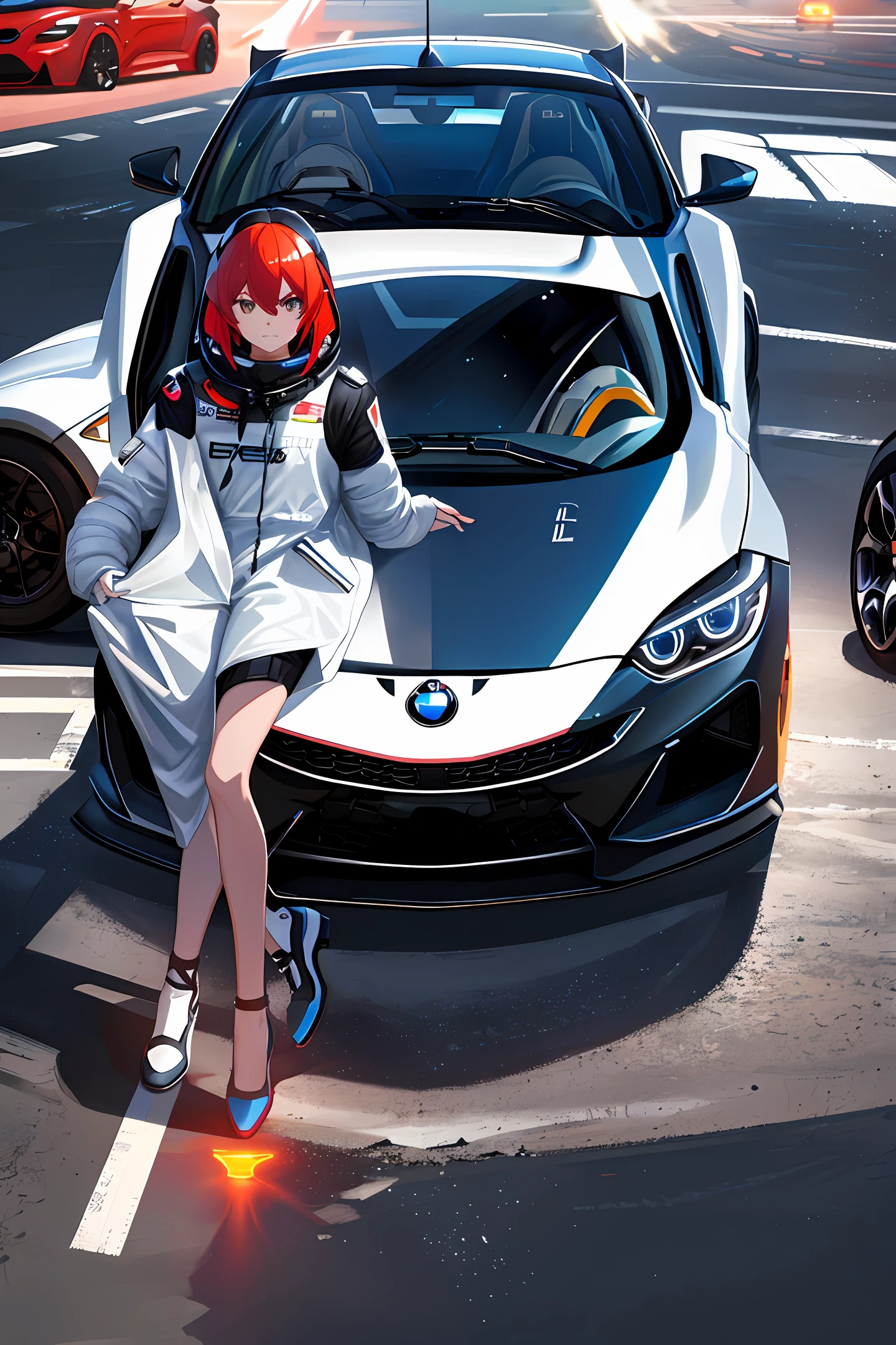 1 girl standing car, cars, space suit, black car, clean spoiler, very detailed, bright lights, cool car, rocket bunny, bmw, car under brightness, race track, (center frame), hires,red headlight