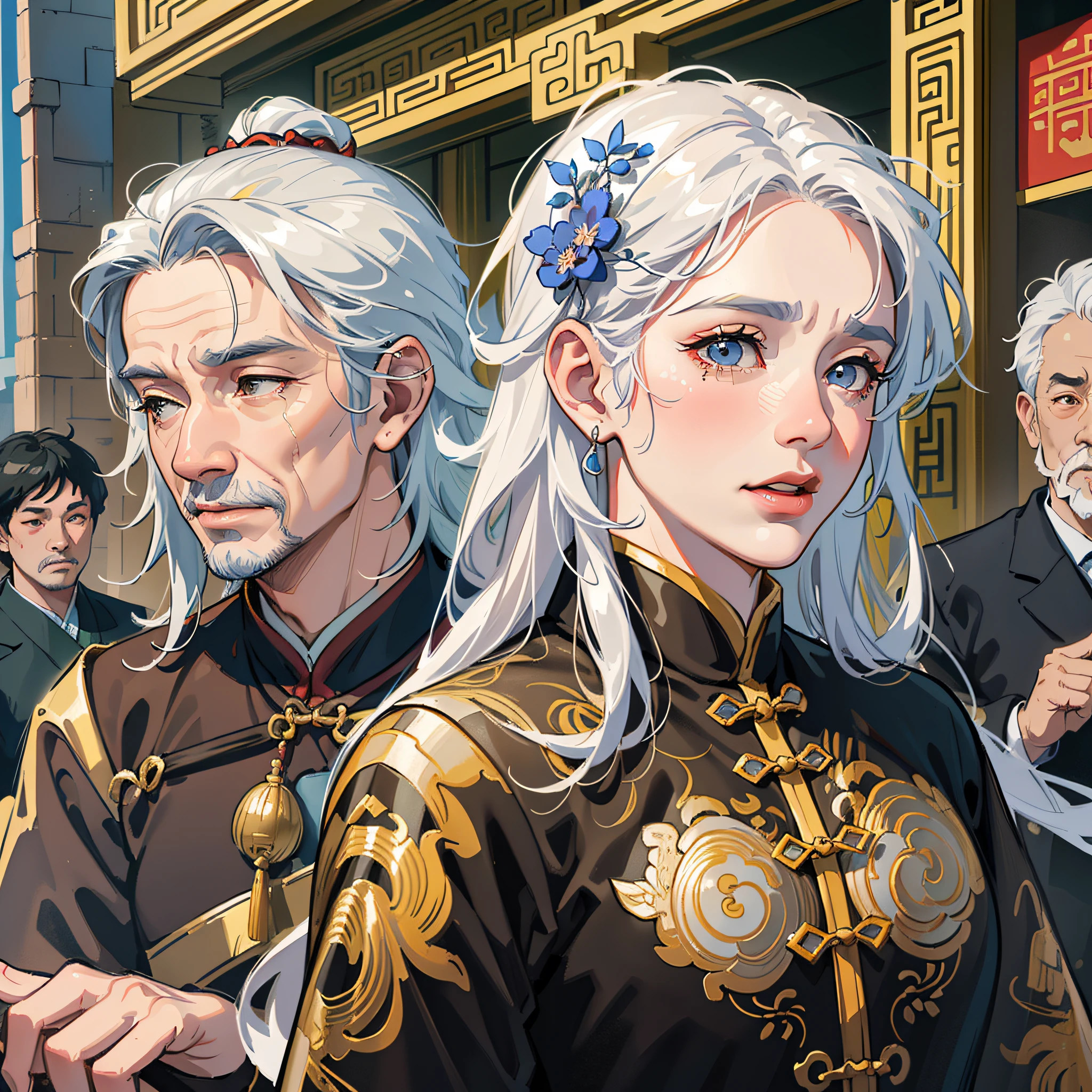 masterpiece, high quality, best quality, beautiful, hd, realistic, perfect lighting, detailed face, detailed body, ((a group of fifty-year-old old men and old women dressed in Ming dynasty costumes)), full of white hair, full of wrinkles, (Tang dynasty, ancient China), ancient street background, crying, looking at the audience