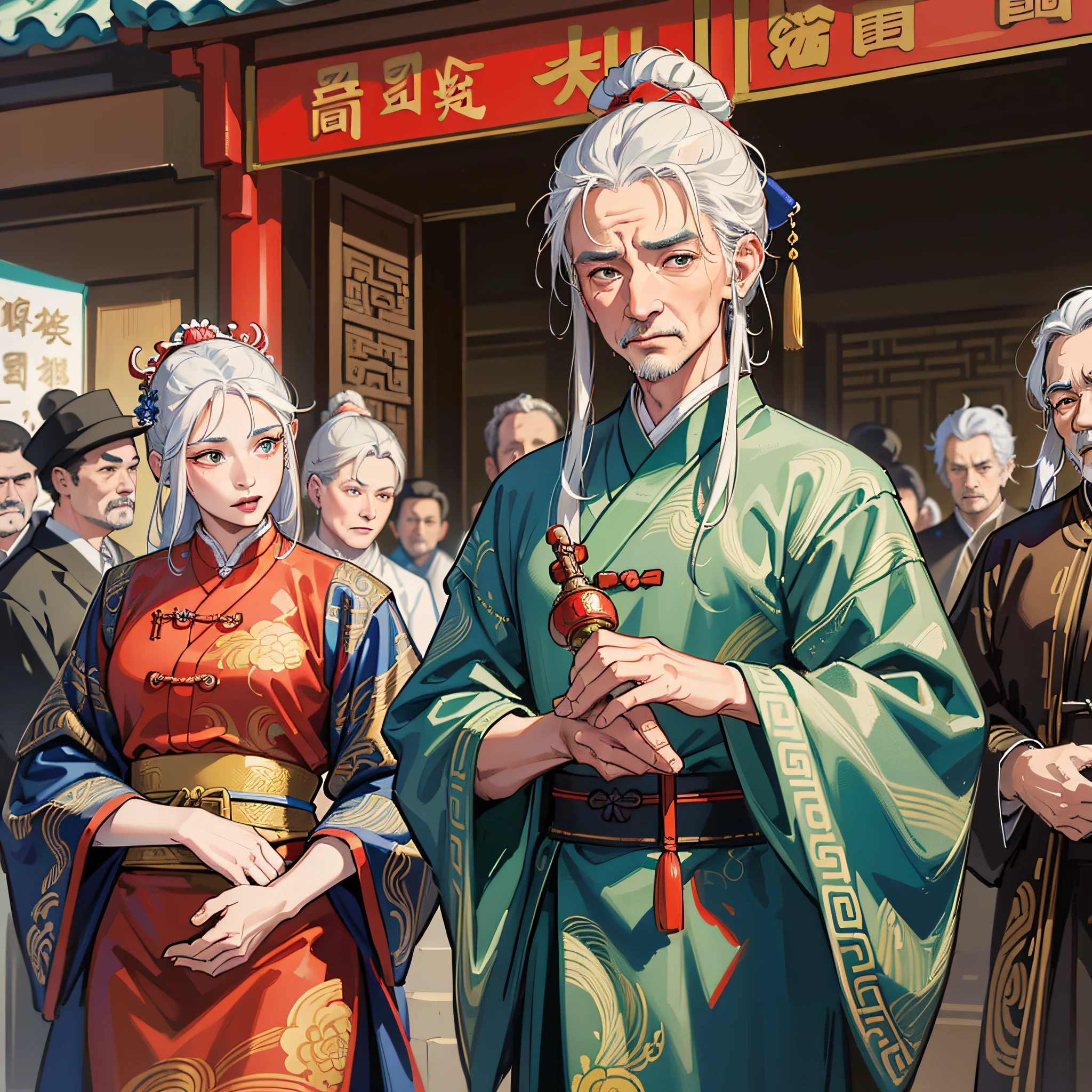 masterpiece, high quality, best quality, beautiful, hd, realistic, perfect lighting, detailed face, detailed body, ((a group of fifty-year-old old men and old women dressed in Ming dynasty costumes)), full of white hair, full of wrinkles, (Tang dynasty, ancient China), ancient street background, crying, looking at the audience
