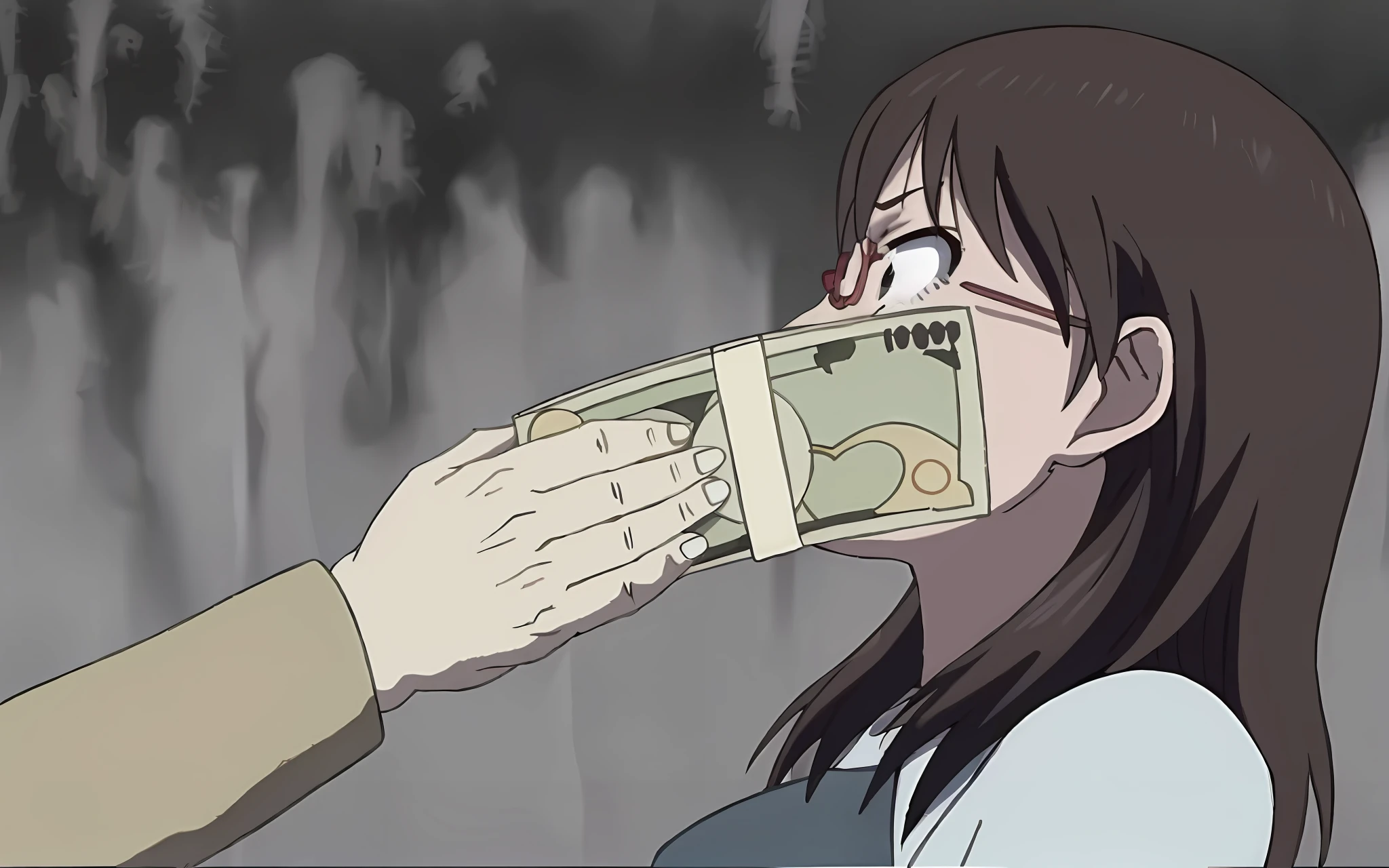 a woman holding a money bill in her mouth and a man holding a money bill in his hand, ( ( ( yoshinari yoh ) ) ), in an anime, screenshot from guro anime, witch paying for her sins, hand over mouth, flcl + golgo 13 :10, anime still frame, still from anime, high - budget anime movie