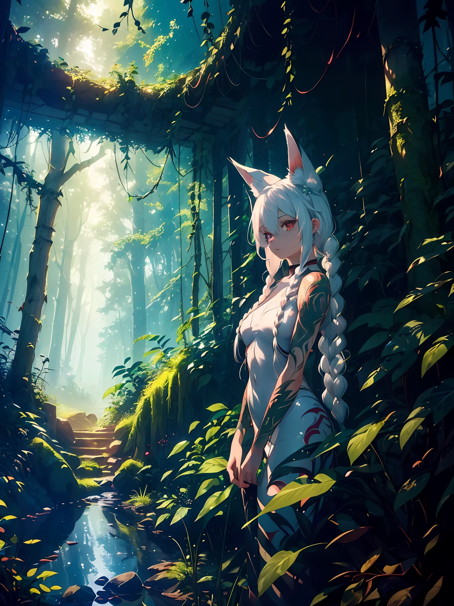 1girl, ((White hair, red eyes, long braids fox ears,) small breast, morning, forest, scenery, cinematic light, detailed illumination, a lot of leaves, tattoos, glowing skin, masterpiece, forest, vines and flowers all over body, forest, beautiful pose, dryad outfit, leaf outfit,