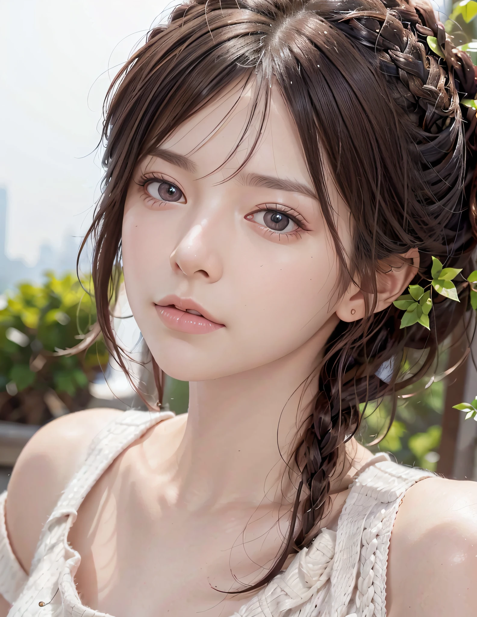 8k, RAW photo, best quality, masterpiece, high detail RAW color photo, professional photograph, (realistic, photorealistic:1.37), (high detailed skin:1.2), high resolution, beautiful detailed eyes, (hard focus:1.4), (sharp focus:1.4),
realistic , (8K UHD:1.2) , photoreaslistic
High quality shadow,
parted_lips, slender face,
(wavy hair), Half-up top knot, Crown braid, Pink eye color, suggestive look,
(extremeface closeup), pov, (((depth of field))), pale and lustrous skin,
Cropped cowl neck sweater,
30yo teen age,
buruma,
Rooftop,
bokeh, lens flare, (vignette:0.8), dramatic lighting, cinematic lighting, back light, professional lighting, physically-based rendering, ulzzang-6500-v1.1, pureerosface_v1.