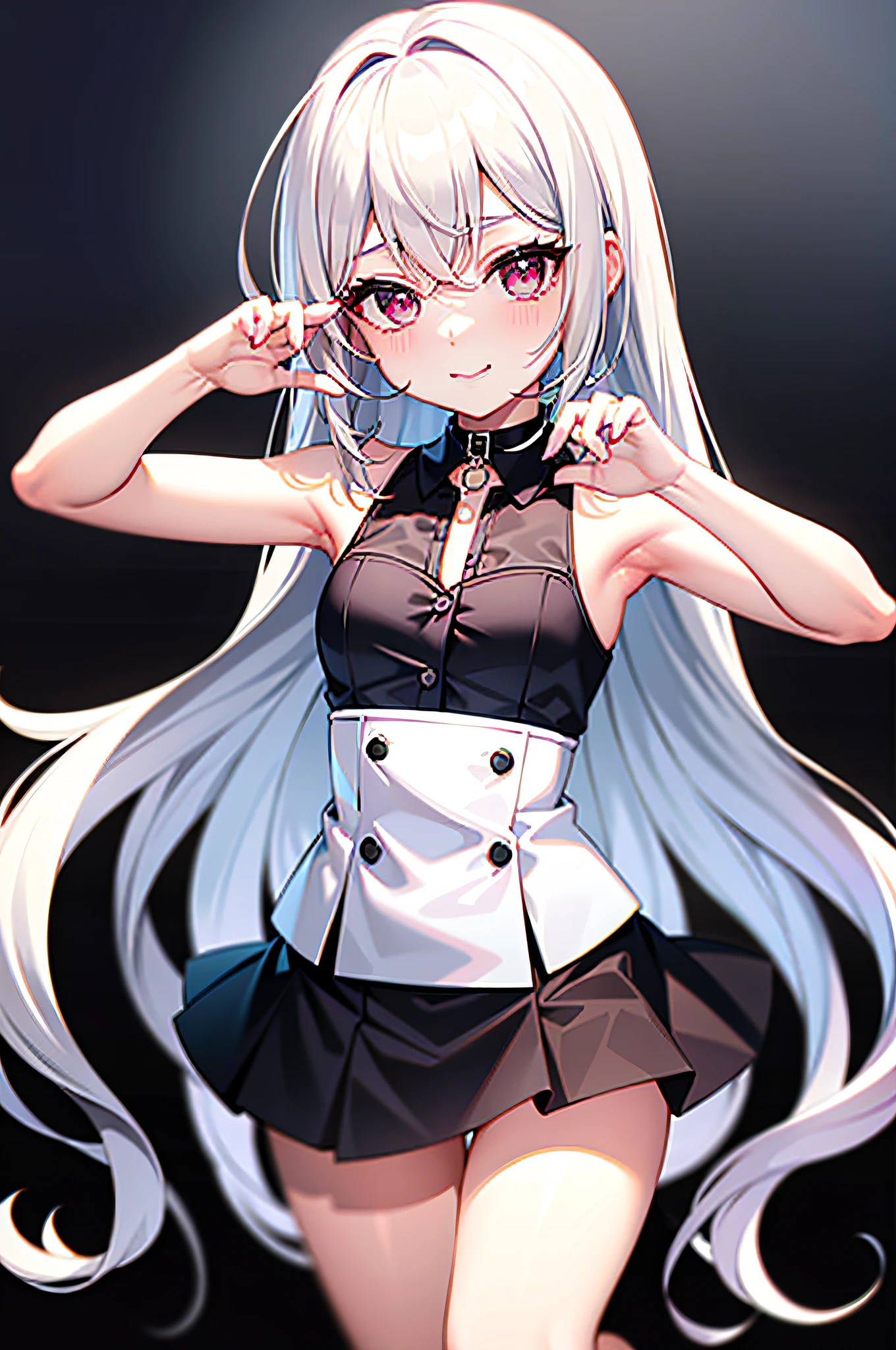 best quality, ultra high res, 1girl, sleeveless white button shirt, black skirt, black choker, cute, (Kpop idol), (aegyo sal:1), (platinum blonde hair:1), ((puffy eyes)), looking at viewer, full body, facing front