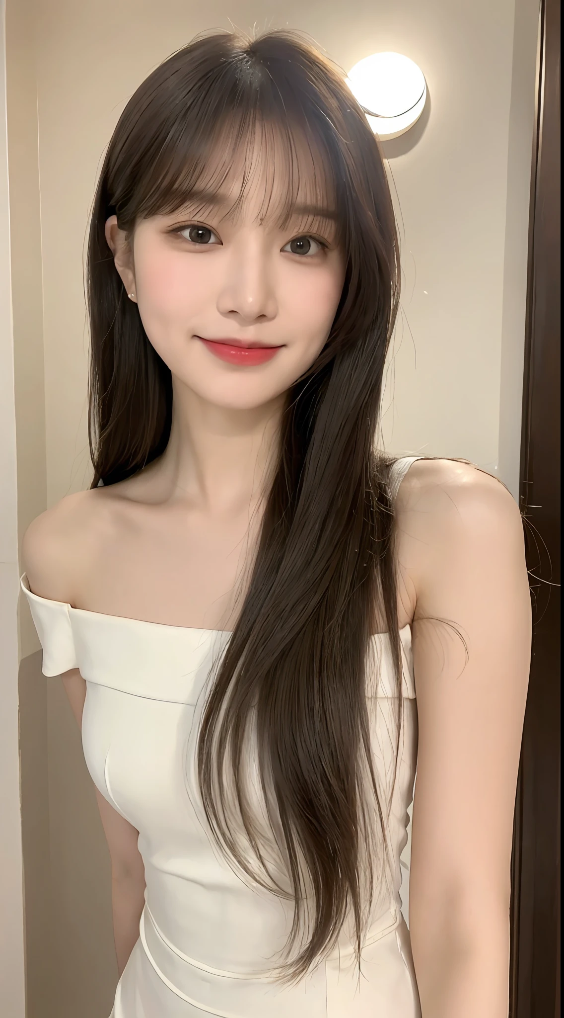 ((Top Quality, 8K, Masterpiece: 1.3)), Selfie, Focus: 1.2, Perfect Body Beauty: 1.4, Buttocks: 1.2, (Layered Haircut: 1.2)), (Hotel Bathroom: 1.3), Bando Dress: 1.1, Highly Detailed Face and Skin Texture, Delicate Eyes, Double Eyelids, Whitened Skin, Medium Hair, Bangs, (Round Face: 1.5), Smile