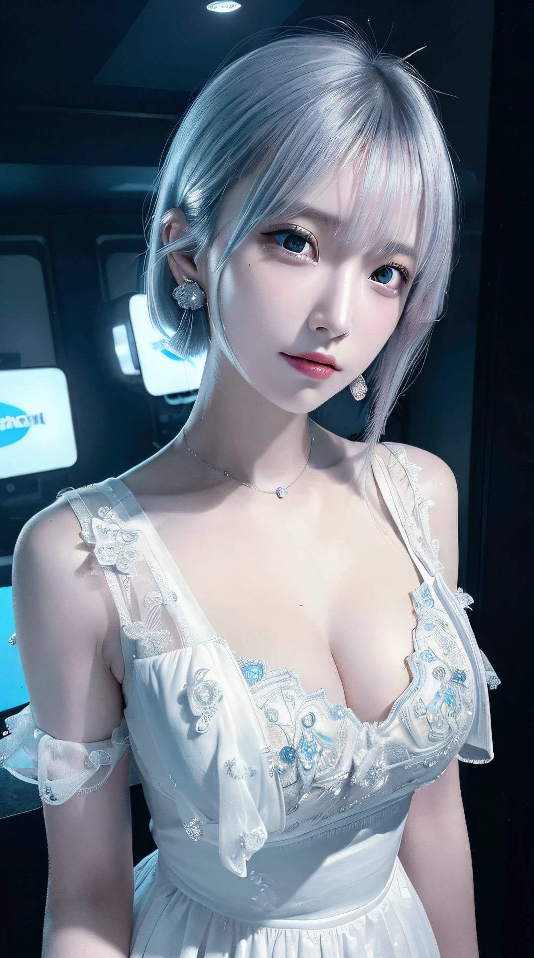 (Masterpiece, delicately beautiful eyes) Lucy \ (cyberpunk\), short hair, asymmetrical white bands and blue hair, diamond earrings, medium chest, (open cleavage) volumetric lighting, futuristic, meticulous eyes, super detail, high detail, beautiful, small detail, super detail, detail, realism, complexity, 4k, 8k, popular on the art stage, good anatomy, beautiful lighting, award-winning, photo realism, realistic lighting, beautiful lighting, ray tracing, intricate details, melancholy, masterpiece, (illustration), premium, (very detailed, unified, 8k wallpaper) beautiful face, melon seed face, highly detailed face, super realistic, masterpiece, defocused, very detailed, complex, colorful, bright colors, 1 girl, beautiful face, highly detailed face, super realistic, solo, stage, (shoulder cyberpunk), bright neon, back (best quality, masterpiece), 1 girl, looking at the audience, blurred background, upper body, contemporary, dress