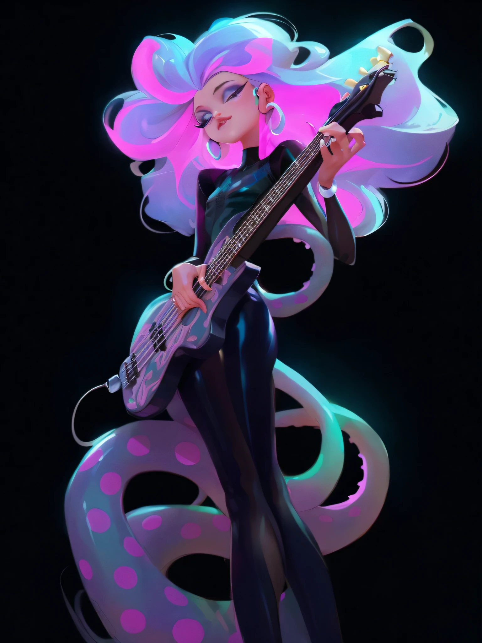 cartoon girl with a guitar and a snake in her hands, jen bartel, bassist, rossdraws cartoon vibrant, loish |, beautiful octopus woman, cyberpunk medusa, rossdraws and jazza, lois van baarle and rossdraws, in the style of ross tran, octopus goddess, tentacles around, guitar concept art, some tentacles are touching her --auto --s2