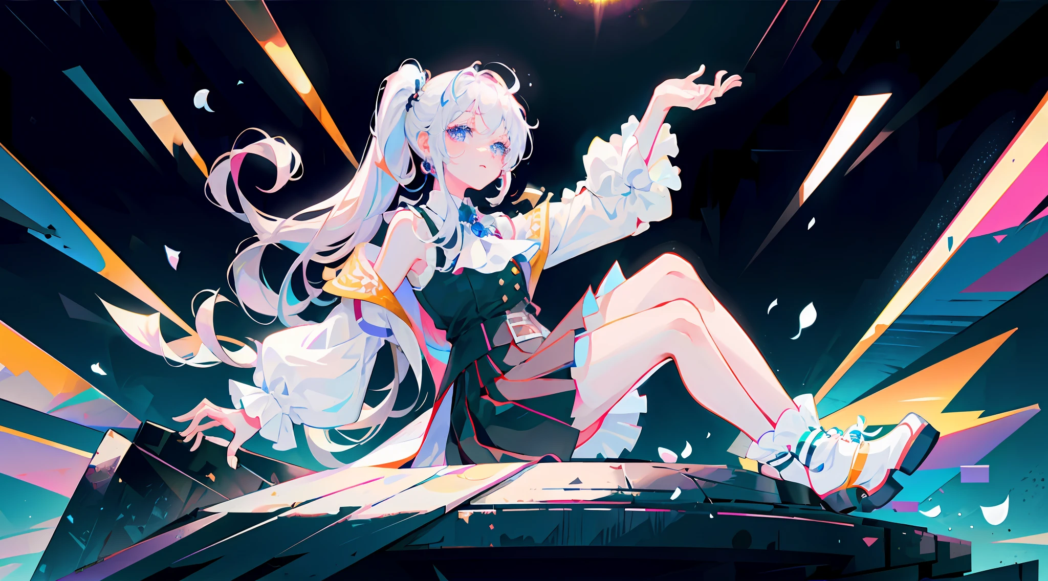 Best quality, super high resolution, (realism: 1.4), 1 woman, sleeveless white buttoned shirt, black skirt, black collar, (Kpop idol), (aegyo sal: 1), (white gold: 1), (puffy eyes)), looking at the audience, full body, flowers, blue eyes, long hair, white hair, high ponytail, normal hands