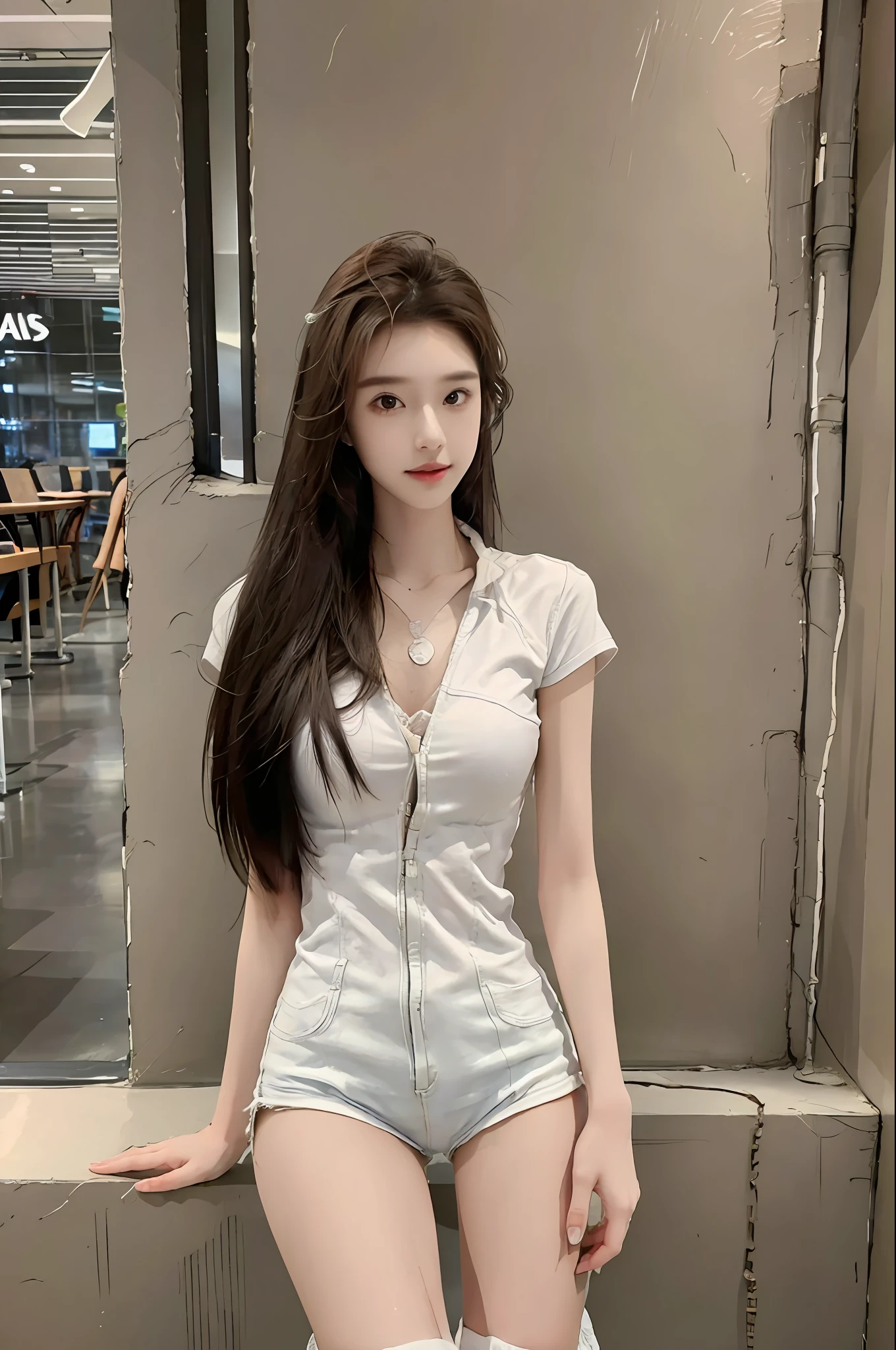 realistic, high resolution, 1 girl, long hair, korean,loose white shirt, skinny denim shorts,, thighs,