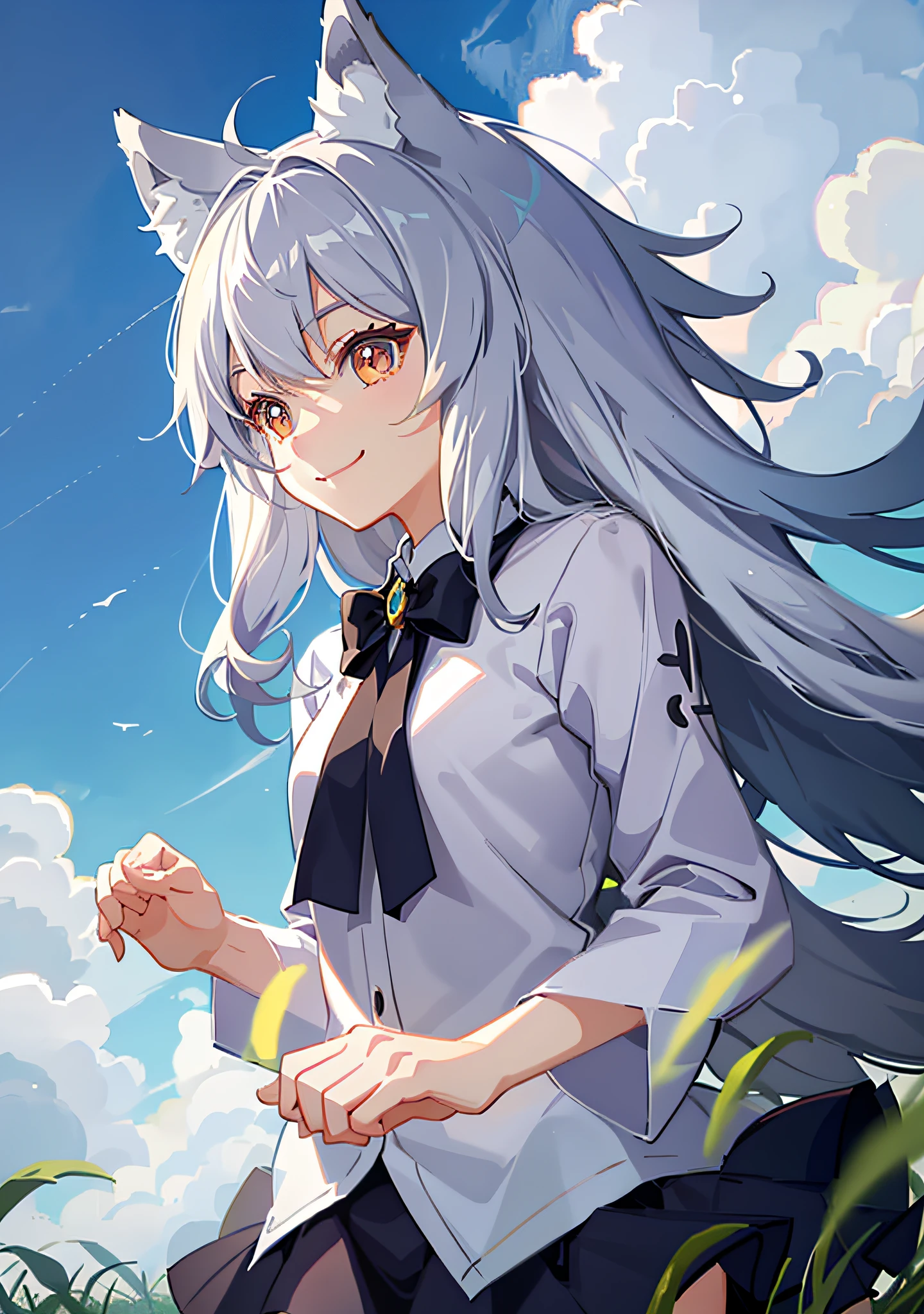 (HD, super delicate, cute art, anime wolf girl) wolf hair colorful, clear eyes, (1girl), clear background, (grass + forest + roof + clouds), (smile, body kawaii), high-quality picture quality.