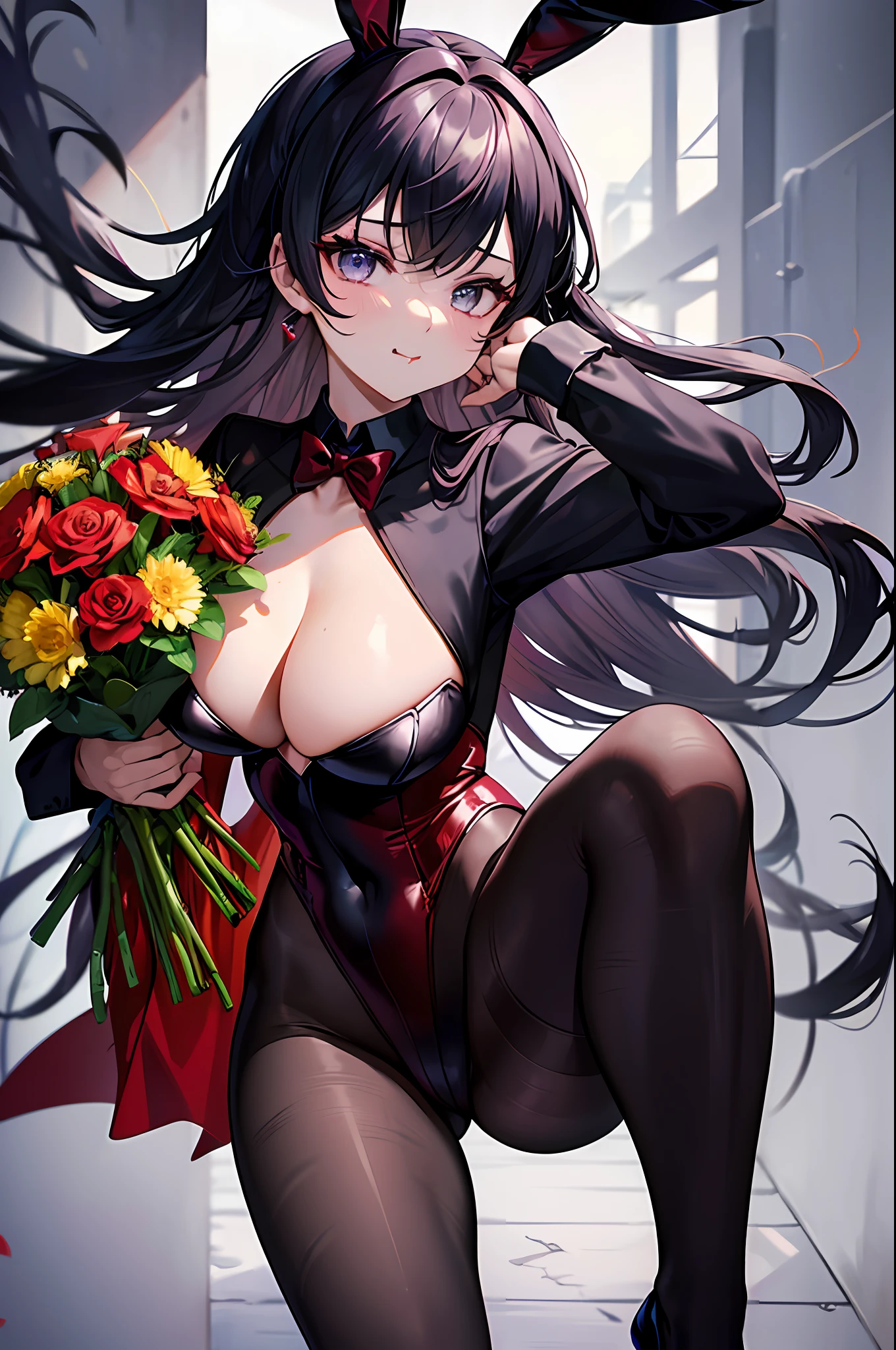 Top quality, masterpiece, very precise details, absurdity, very fine 8KCG wallpaper, very delicate and beautiful girl, very detailed character, incredibly beautiful, absurd, very precise details, (transcendental beautiful girl: 1.5), (one_eye_closed: 1.1), tongue out, break, Playboy_Bunny, rabbit_ears, rabbit_tail, tuxedo jacket, (red_leotard), blake, flat_chest, huge_breasts, wide hips, (fishnet_pantyhose), high heels, long_hair, ((holding a bouquet)),