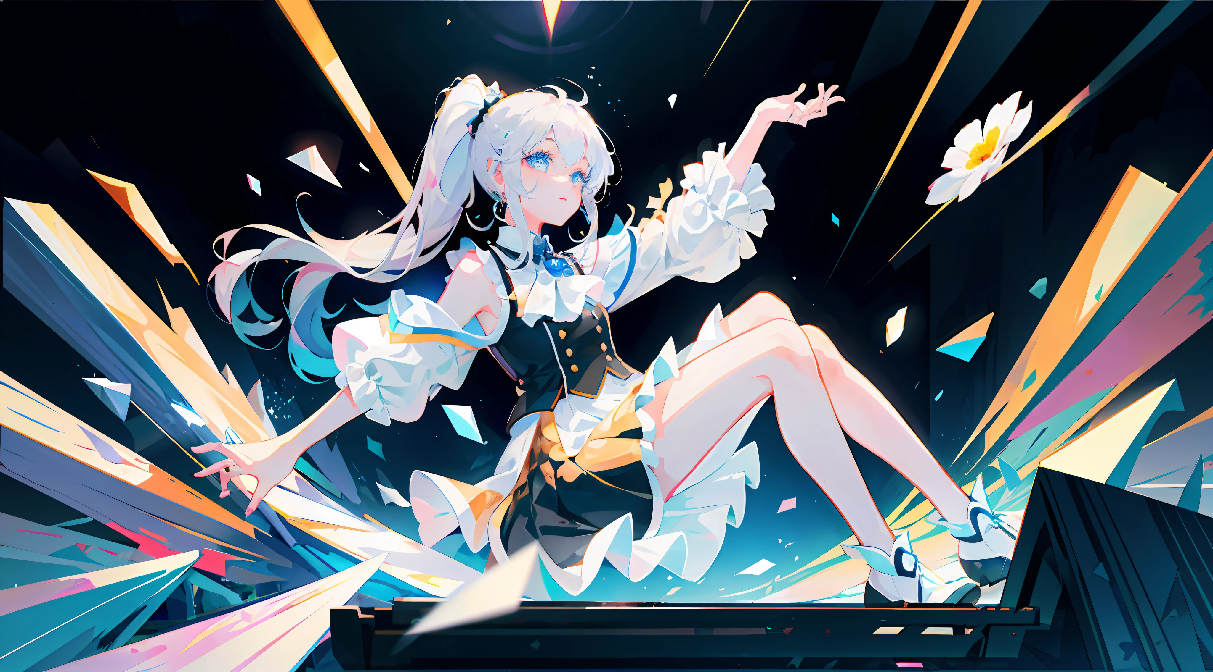 Best quality, super high resolution, (realism: 1.4), 1 woman, sleeveless white buttoned shirt, black skirt, black collar, (Kpop idol), (aegyo sal: 1), (white gold: 1), (puffy eyes)), looking at the audience, full body, flowers, blue eyes, long hair, white hair, high ponytail, normal hands