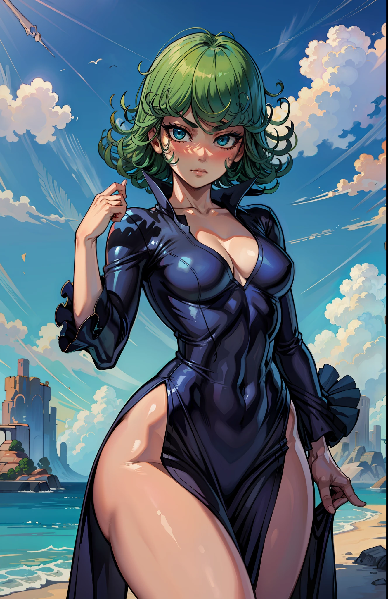 (masterpiece, best quality:1.2), cowboy shot, solo, loli, 1girl, tatsumaki, lustful, closed mouth, cleavage, looking at the viewer, ass, wide hips, black tight dress, blue sky, clouds, erotica,