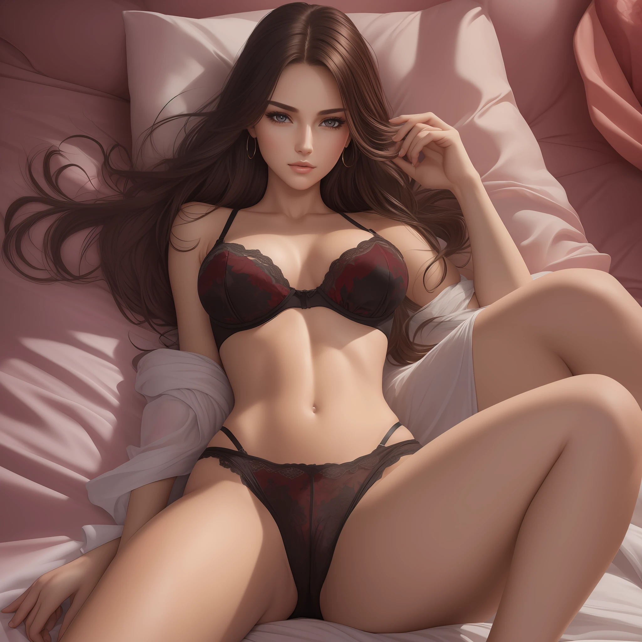 ((Top Quality, 8k, Masterpiece: 1.3)), Beauty, 1 Girl, Big: 1.3, Slender Abs: 1.1, Dark Brown Hair, (Lying in Bed, Open Legs: 1.2), Ultra Detailed Face, Highly Detailed Lips, Detailed Eyes, Double Eyelids, Bra Red