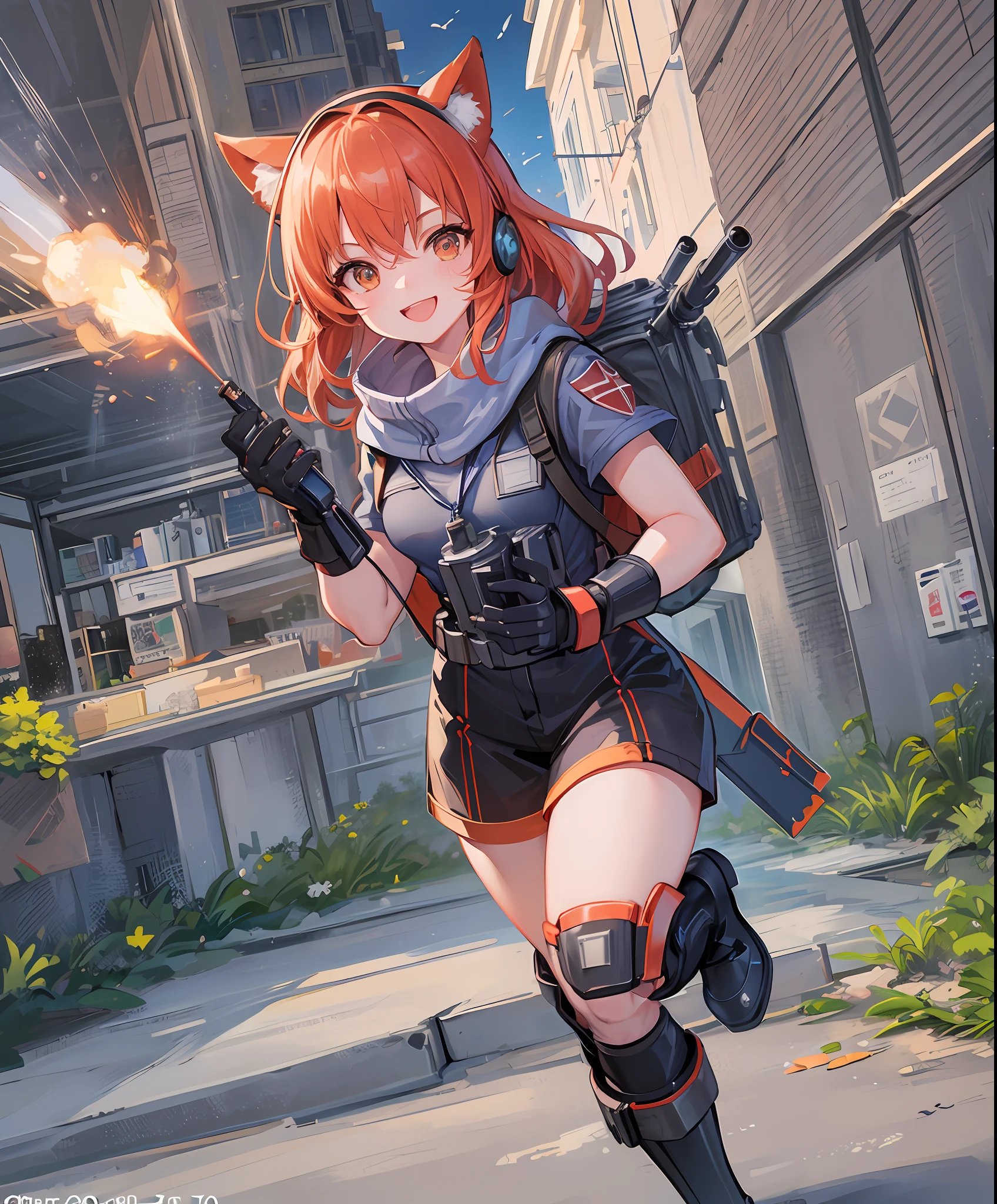 (Rocket Launcher: 1.3), (Explosion: 1.2), Squadron, Rocket Launcher Carry, Rocket Launcher Love, Hero, Girl, Hero Costume, Ally of Justice, Turn Into a Hero, Town, Cute, Masterpiece, High Definition, 16k, Illustration, Detailed Hands, Detailed Feet, Wide Angle, Full Body, Smile