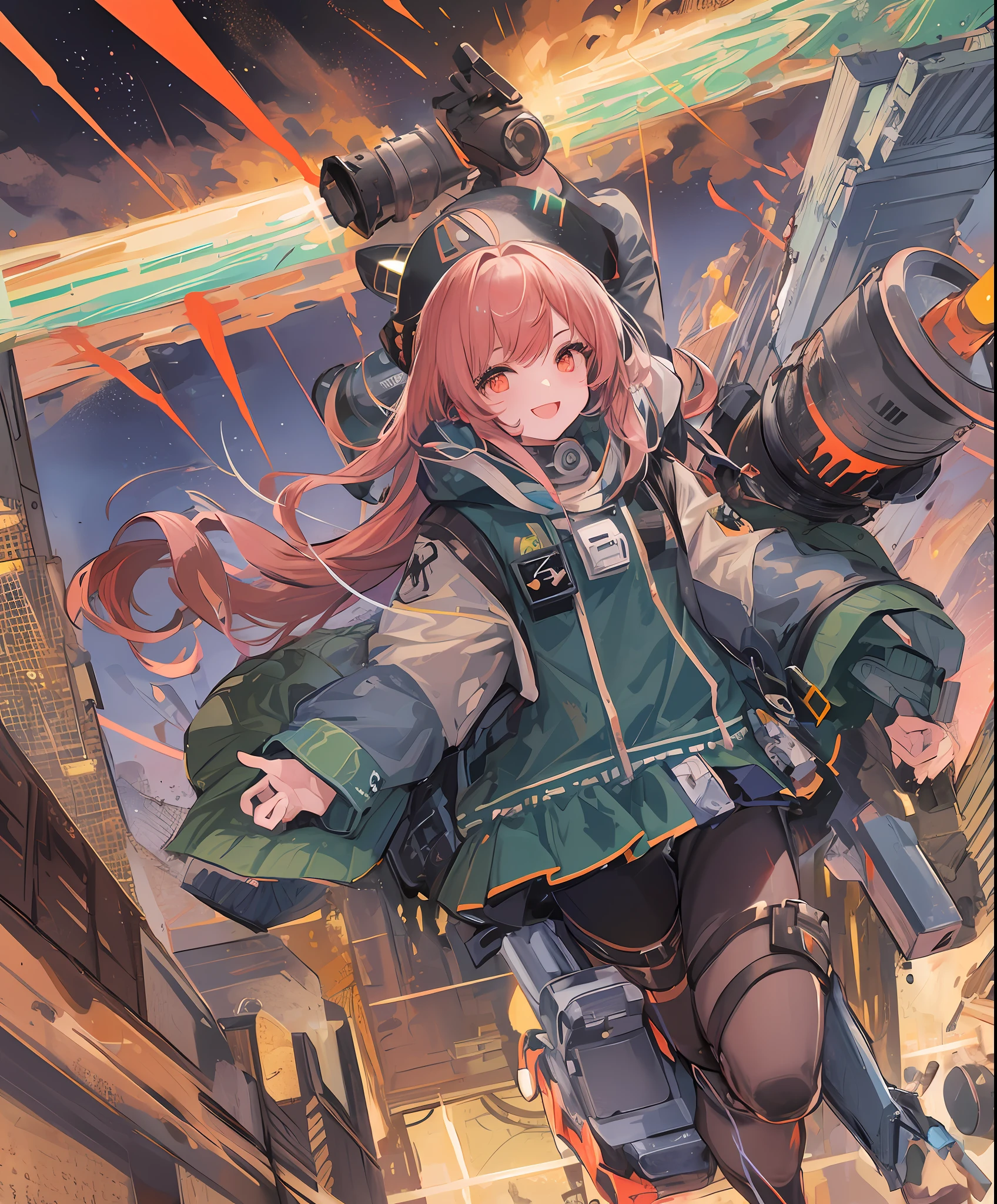 (Rocket Launcher: 1.3), (Explosion: 1.2), Squadron, Rocket Launcher Carry, Rocket Launcher Love, Hero, Girl, Hero Costume, Ally of Justice, Turn Into a Hero, Town, Cute, Masterpiece, High Definition, 16k, Illustration, Detailed Hands, Detailed Feet, Wide Angle, Full Body, Smile