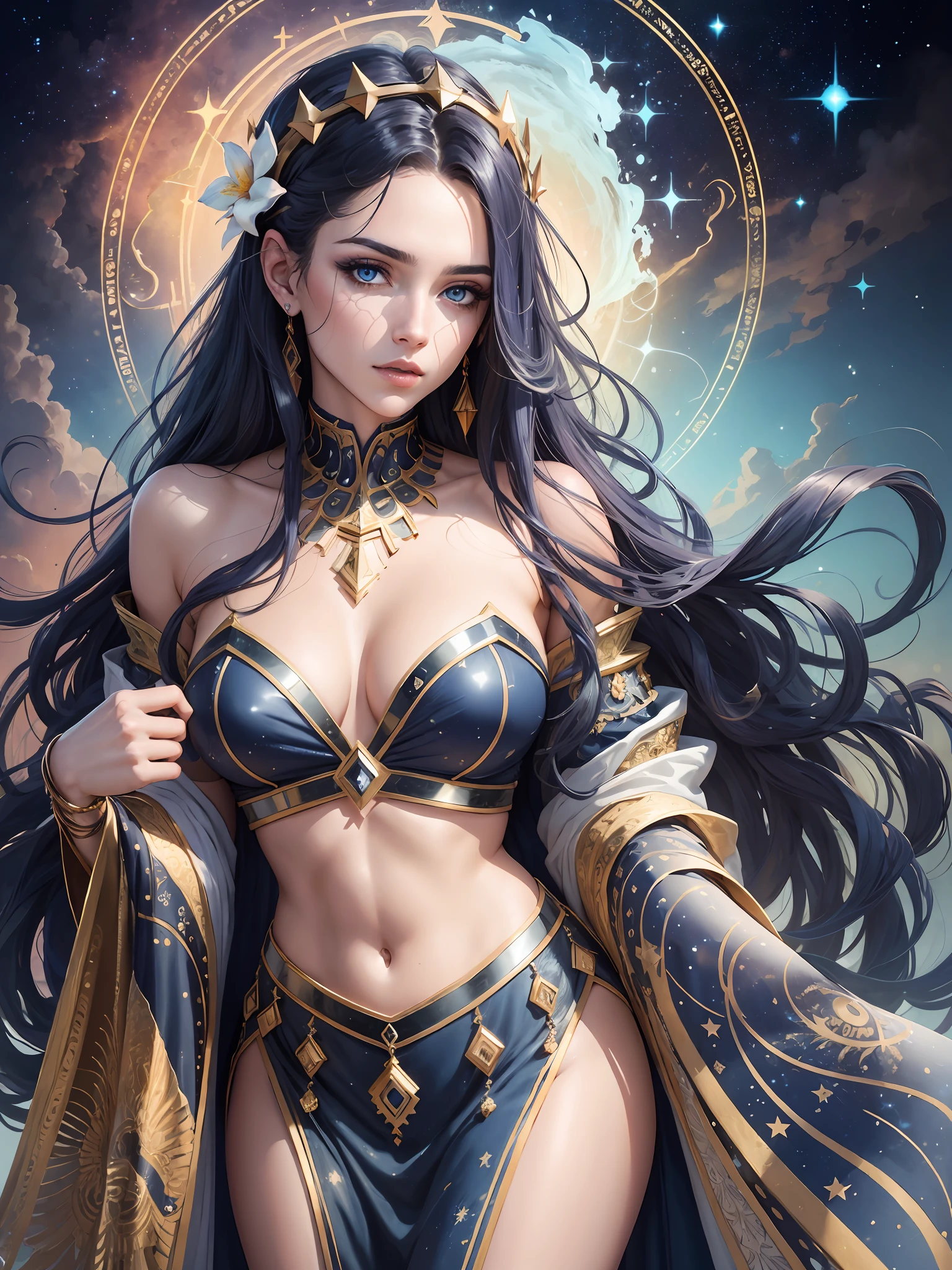 ( High quality , ultra detailed, careful with hand )Zodiac - Sagittarius goddess , similar to latin goodness . Optimistic, fair-minded, funny and intellectual face . Reckless, cold-hearted, impatient, overconfident style . Dark blue eyes (eyes detail) , long hair , deep blue hair with bling bling , transparent dress , in the ocean with stars , whole body , soft color, fire make up look , god Chiron