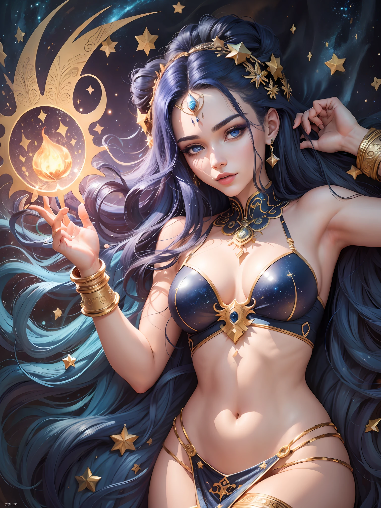 ( High quality , ultra detailed, careful with hand )Zodiac - Sagittarius goddess , similar to latin goodness . Optimistic, fair-minded, funny and intellectual face . Reckless, cold-hearted, impatient, overconfident style . Dark blue eyes (eyes detail) , long hair , deep blue hair with bling bling , transparent dress , in the ocean with stars , whole body , soft color, fire make up look , god Chiron