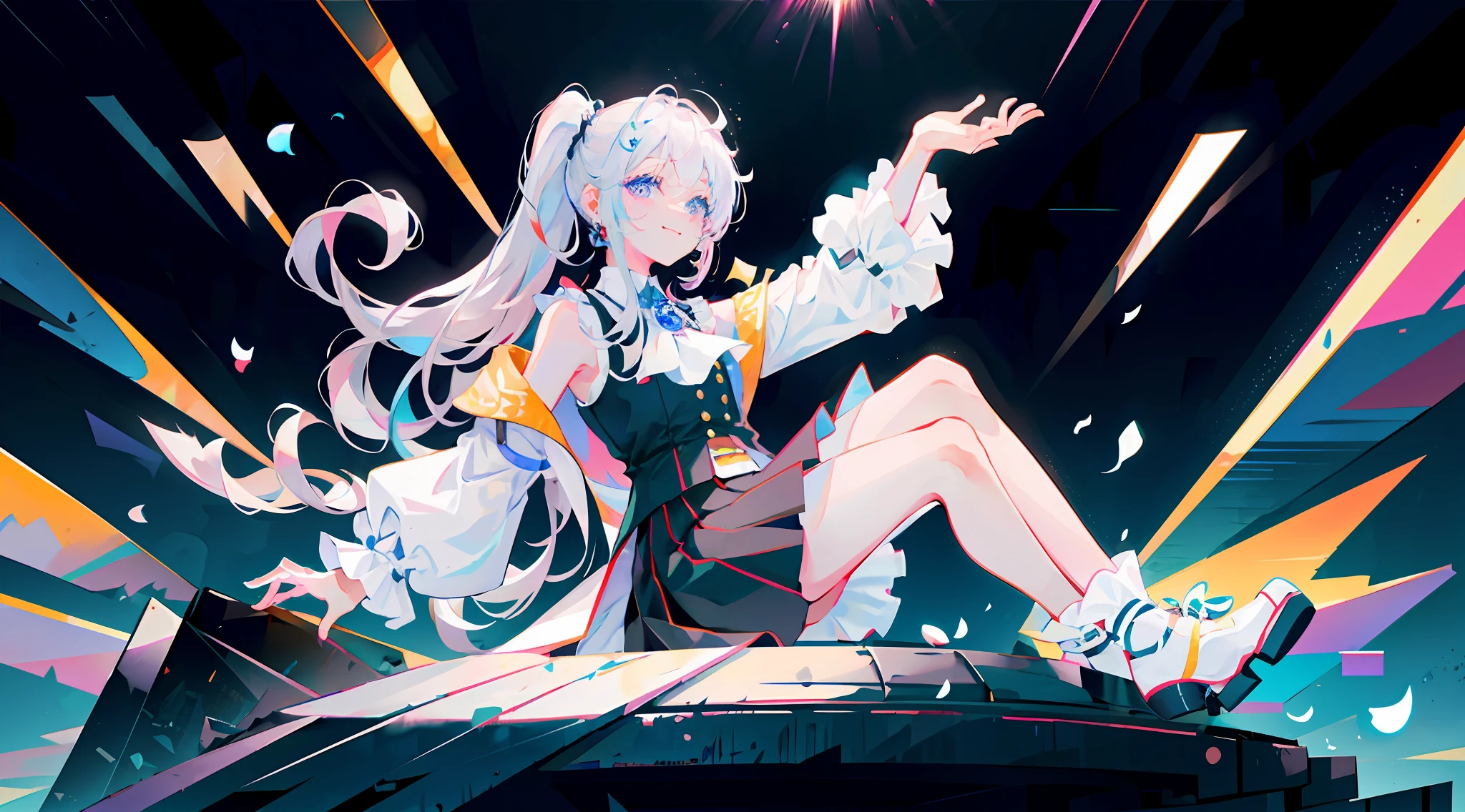Best Quality, Ultra High Resolution, (Realism: 1.4), 1 Female, Sleeveless White Button Shirt, Black Skirt, Black Collar, (Kpop Idol), (Aegyo Sal:1), (White Gold: 1), (Puffy Eyes)), Looking at the Audience, All Body, Flowers, Blue Eyes, Long Hair, White Hair, High Ponytail, Normal Hands, Smiling