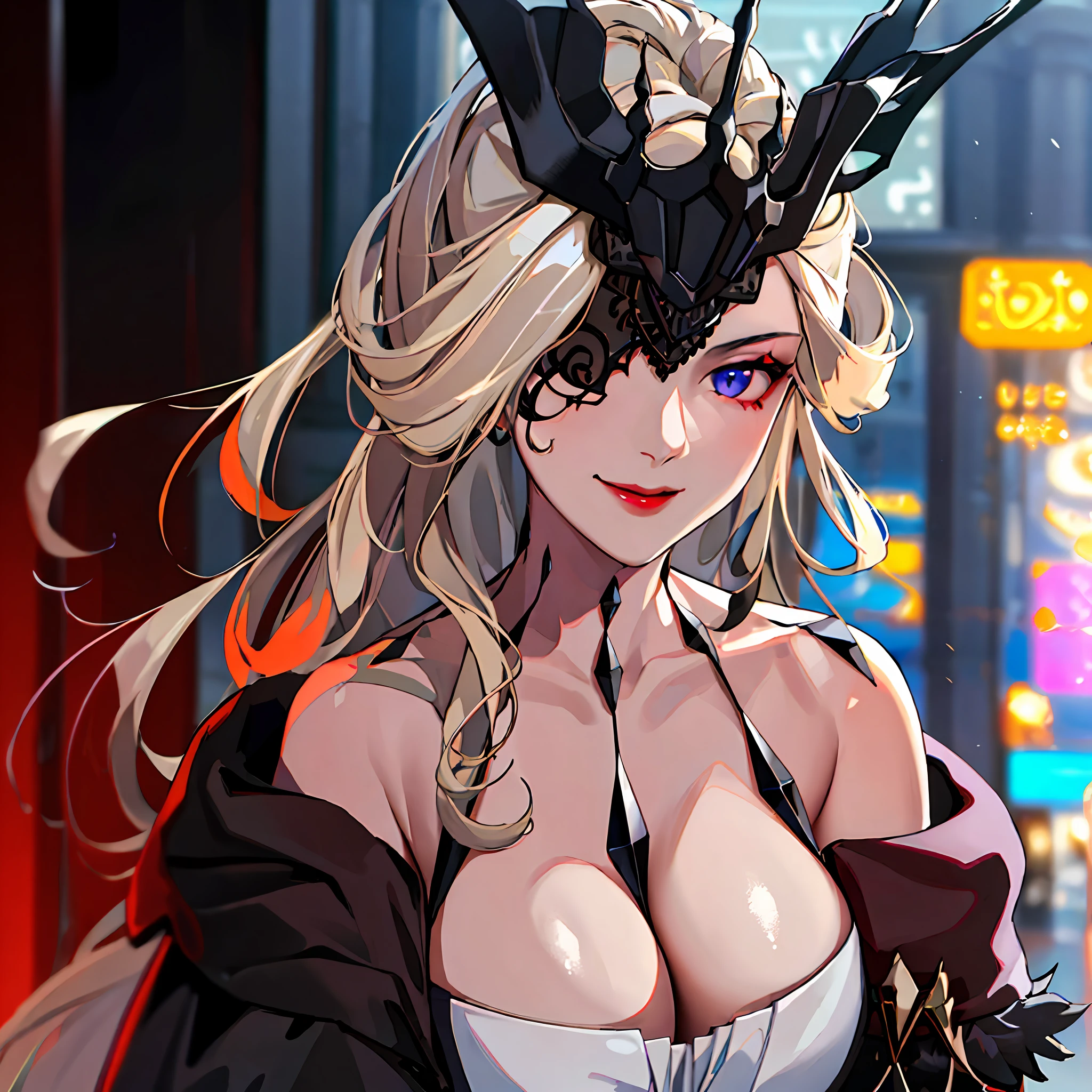 1girl, bare shoulders, black mask, (blue eyes), blonde hair, cleavage, collarbone, dress, earrings, eyepatch, fur trim, huge breasts, jewelry, large breasts, long hair, looking to the side, makeup, mask, one eye covered, purple eyes, signora \(genshin impact\), smile, solo, upper body, outdoors, cyberpunk, neon lights,night, (masterpiece:1.4), (best quality:1.4), shiny skin, red lips, mature female, hand on own chest, closed mouth