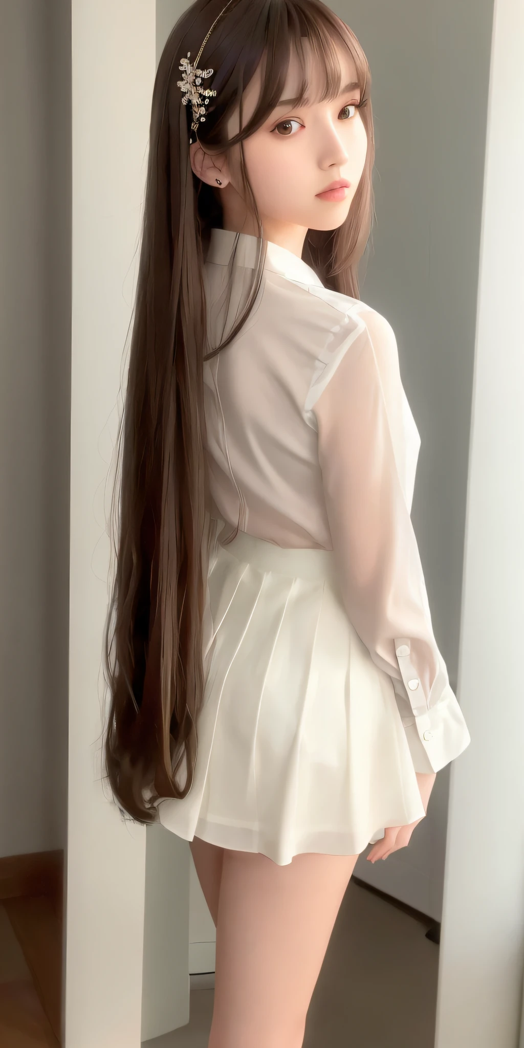 (8K, RAW Photo, Best Quality, Masterpiece: 1.2), (Realistic, Photorealistic: 1.37), Best Quality, Ultra High Resolution, Photon Mapping, Radiosity, Physically Based Rendering, Blur, Foreground, Depth of Field, Blurred Background, Photo_\ (Medium), Motion Blur, Girl, (Full Body), Back Figure, Long Legs, Thin Legs, Long Hair Arrangement,( (Upstyle)), Bangs, (bangs visible), hair_ornament, Lips, Hair clip, Solo, brown_eyes, nosesoft, sheer white blouse, miniskirt, stockings, lower,