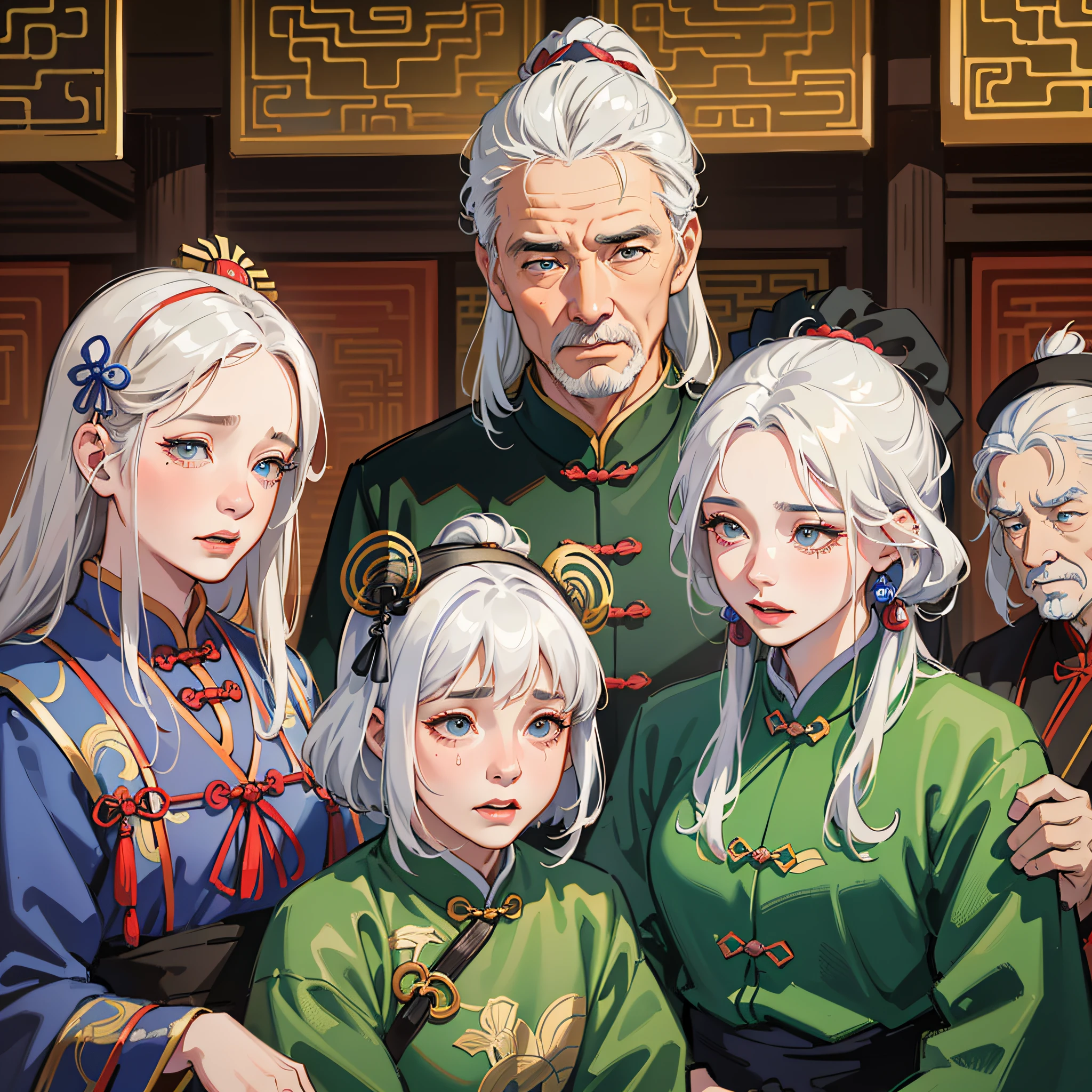 masterpiece, high quality, best quality, beautiful, hd, realistic, perfect lighting, detailed face, detailed body, ((a group of poor fifty-year-old old men and old women in Ming dynasty costumes)), full of white hair, wrinkled face, (Ming dynasty, ancient China), Ming dynasty street background, crying and pleading, looking at the audience