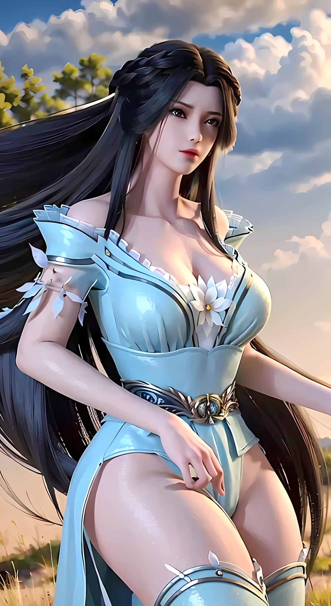 Masterpiece, Superb 1 female, black hair, off-the-shoulders, long hair, dress, denim photos, dynamic pose, dynamic angle, big ass, big breasts, sweating, wearing white stockings, full body, realistic, 8k, various poses