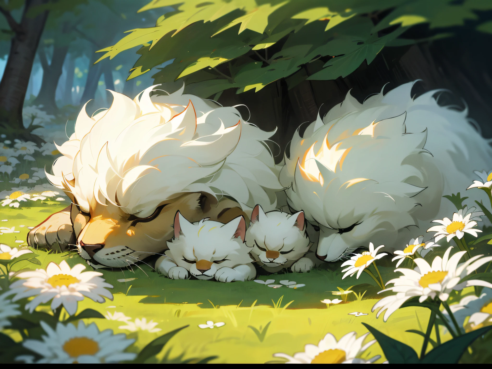 Animals, grass, white chrysanthemums, 4K, lying under trees, forests, sleeping, predation, fierce, warm sun, evil eyes