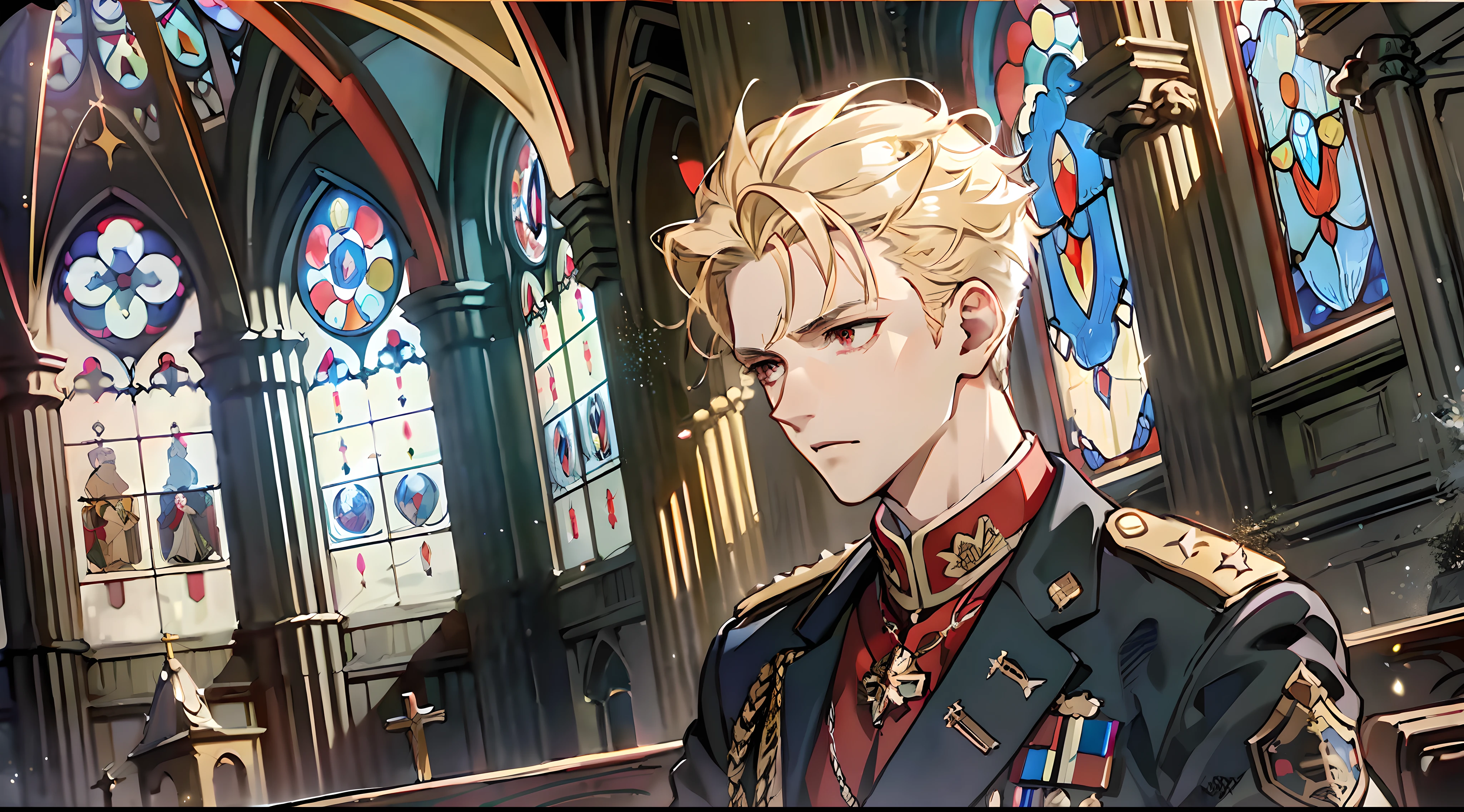((Masterpiece: 1.4, Best Quality)), (Blonde Spiked Hair)), Red Eyes, Delicate Hair, Military Uniform, (Church: 1.2), (Stained Glass: 1.3), 1 Male, Handsome, Pillar, Sky Cover, (Light particles), (Moonlight Streaming Through Window), Dark Atmosphere, Cowboy Shot