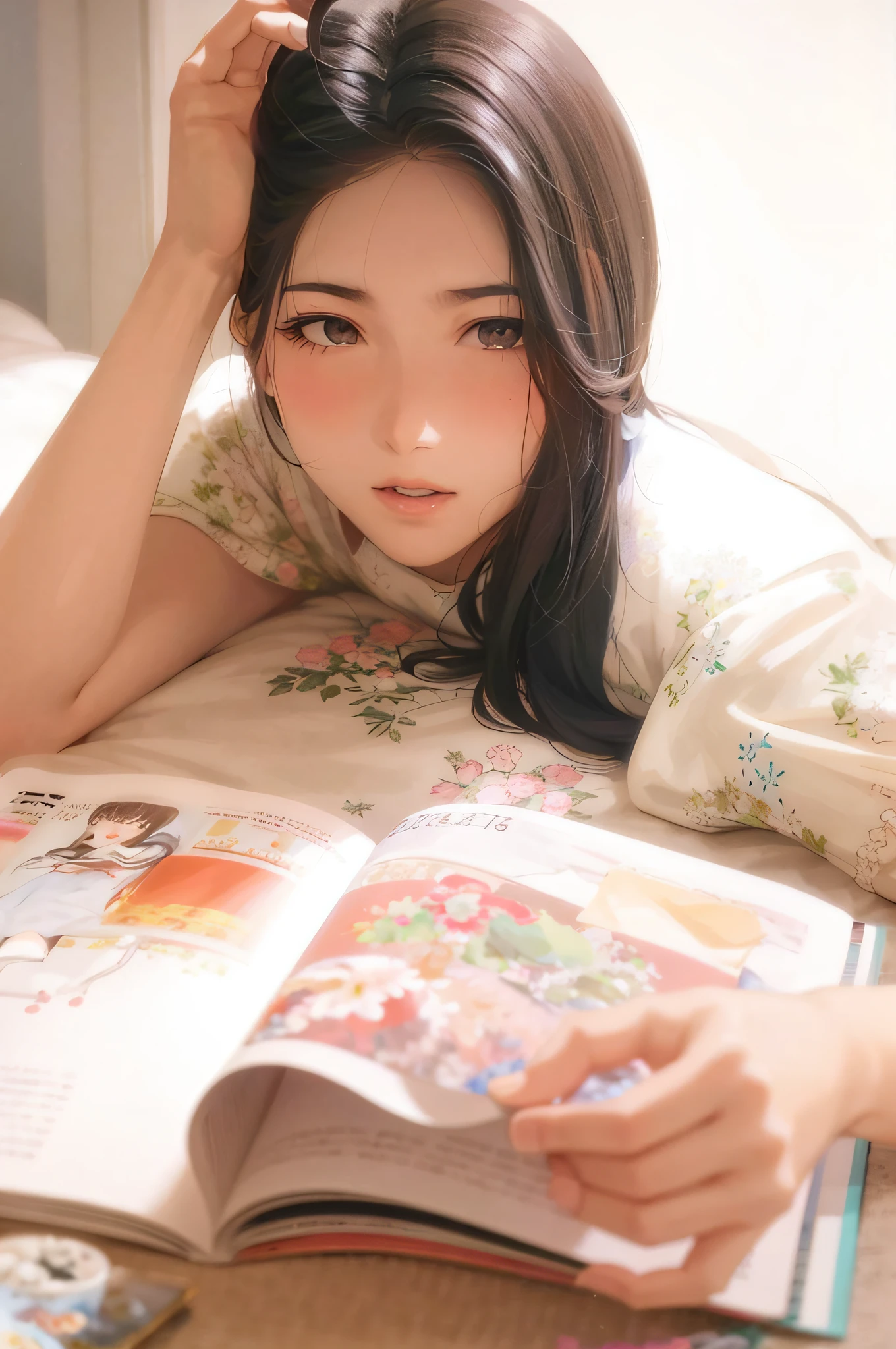 arafed woman laying on a bed reading a book, kimi takemura, magazine, by Ayami Kojima, by Eizan Kikukawa, magazine photo, sakimichan, by Yanagawa Nobusada, shiori teshirogi, chiho ashima, yasumoto oka, chiho, by Yasutomo Oka