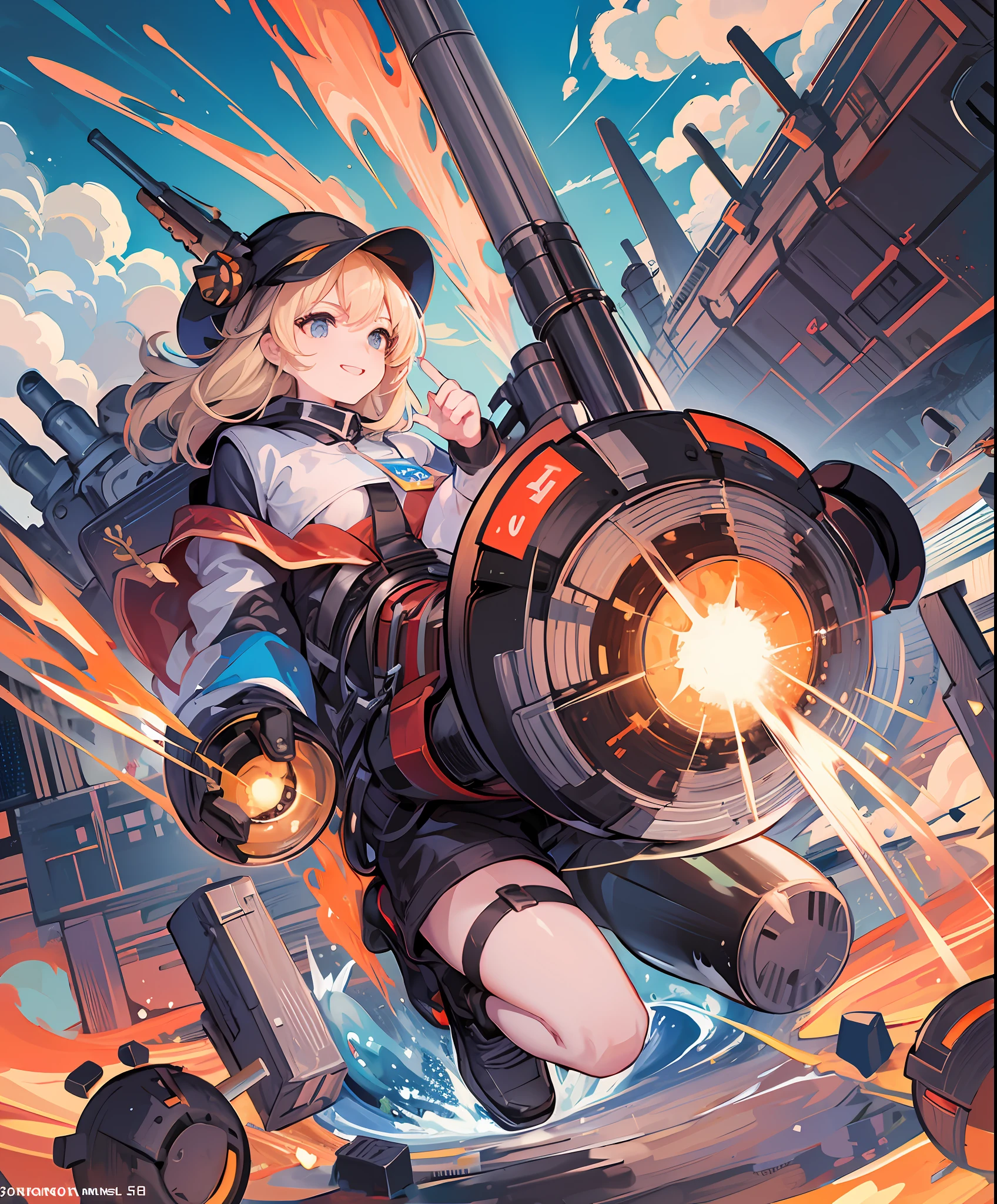 (Giant Rocket Launcher: 1.3), (Explosion: 1.2), Squadron, Rocket Launcher Carry, Rocket Launcher Love, Hero, Girl, Hero Costume, Town, Cute, Masterpiece, High Definition, 16k, Illustration, Detailed Hands, Detailed Feet, Wide Angle, Full Body, Smile, Panorama