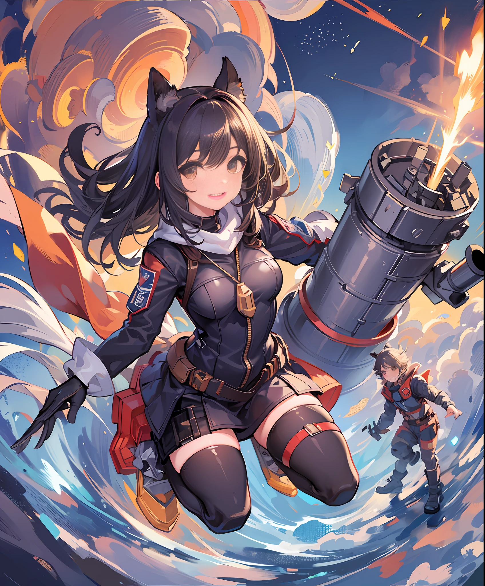 (Giant Rocket Launcher: 1.3), (Explosion: 1.2), Squadron, Rocket Launcher Carry, Rocket Launcher Love, Hero, Girl, Hero Costume, Town, Cute, Masterpiece, High Definition, 16k, Illustration, Detailed Hands, Detailed Feet, Wide Angle, Full Body, Smile, Panorama