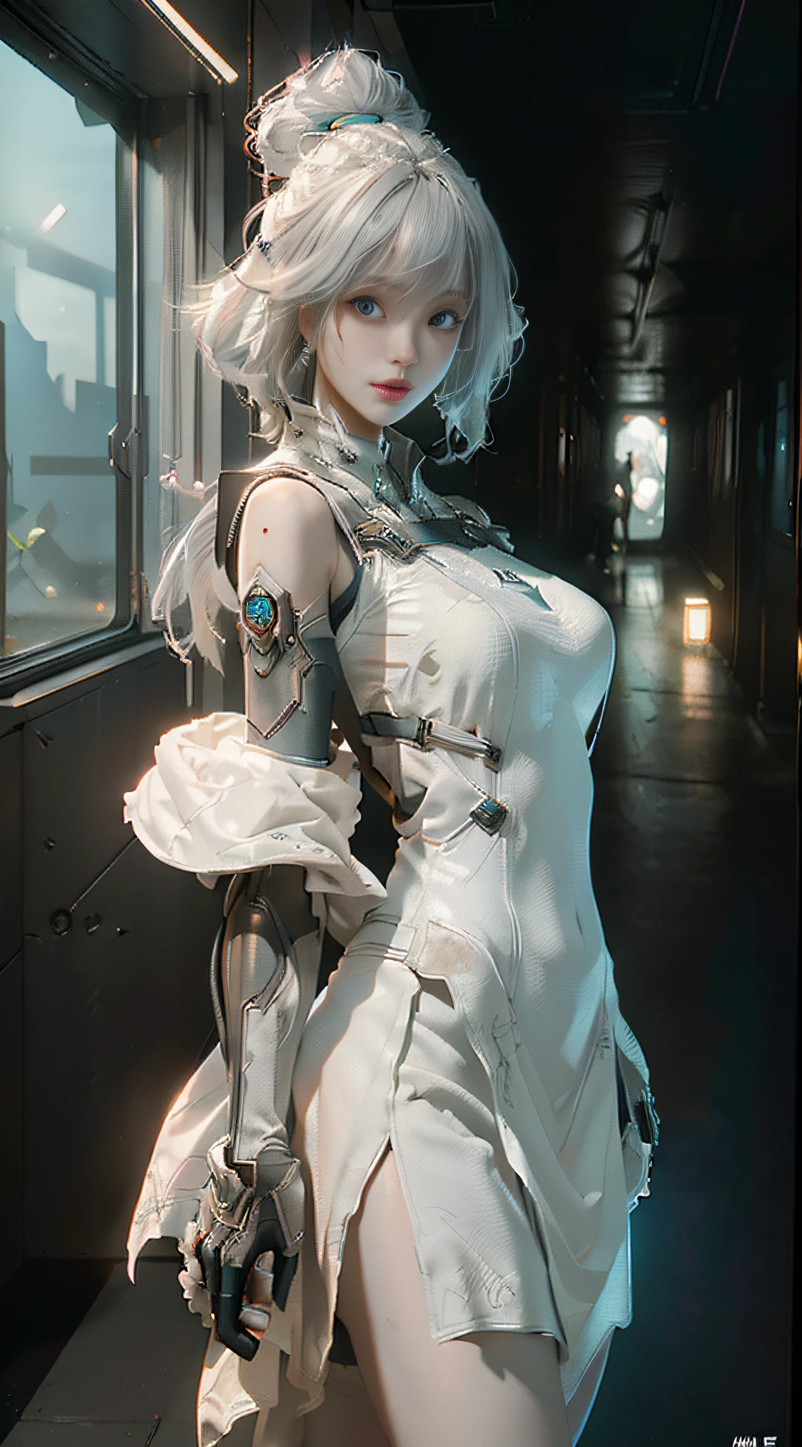 (Best Quality), ((Masterpiece), (Detail: 1.4), 3D, A Beautiful Cyberpunk Female Figure, Big, Indoor Environment, HDR (High Dynamic Range), Ray Tracing, NVIDIA RTX, Super-Resolution, Unreal 5, Subsurface Scattering, PBR Textures, Post Processing, Anisotropic Filtering, Depth of Field, Maximum Sharpness and Sharpness, Multi-layer Textures, Albedo and Highlight Maps, Surface Coloring, Accurate simulation of light-material interactions, perfect proportions, Octane Render, two-color light, large aperture, low ISO, white balance, rule of thirds, 8K RAW,