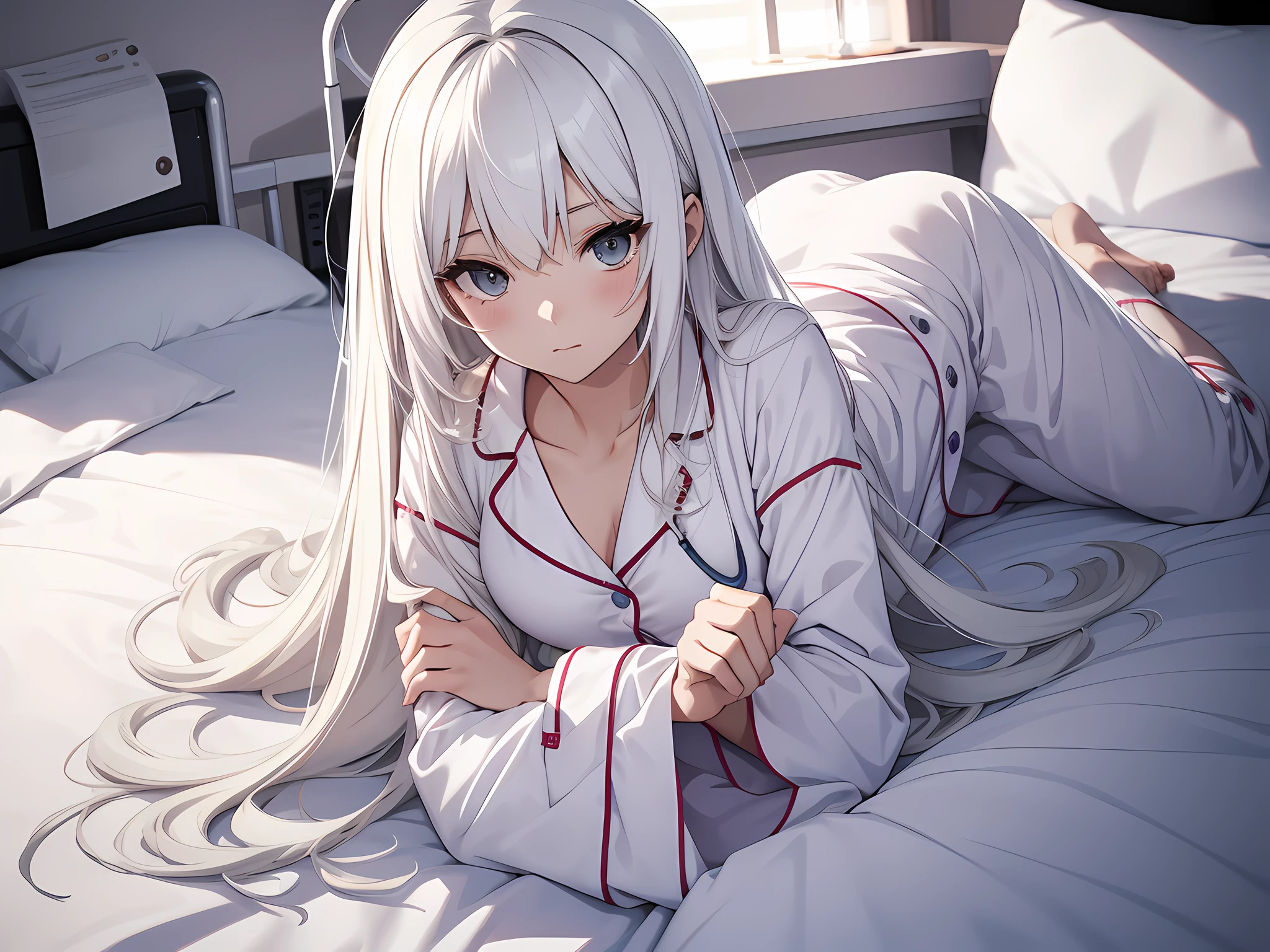 Drawing style - manga) (ward_hospital bed) (Character - girl) (Hairstyle - long hair + white hair color) (Costume - pajamas + quilt)