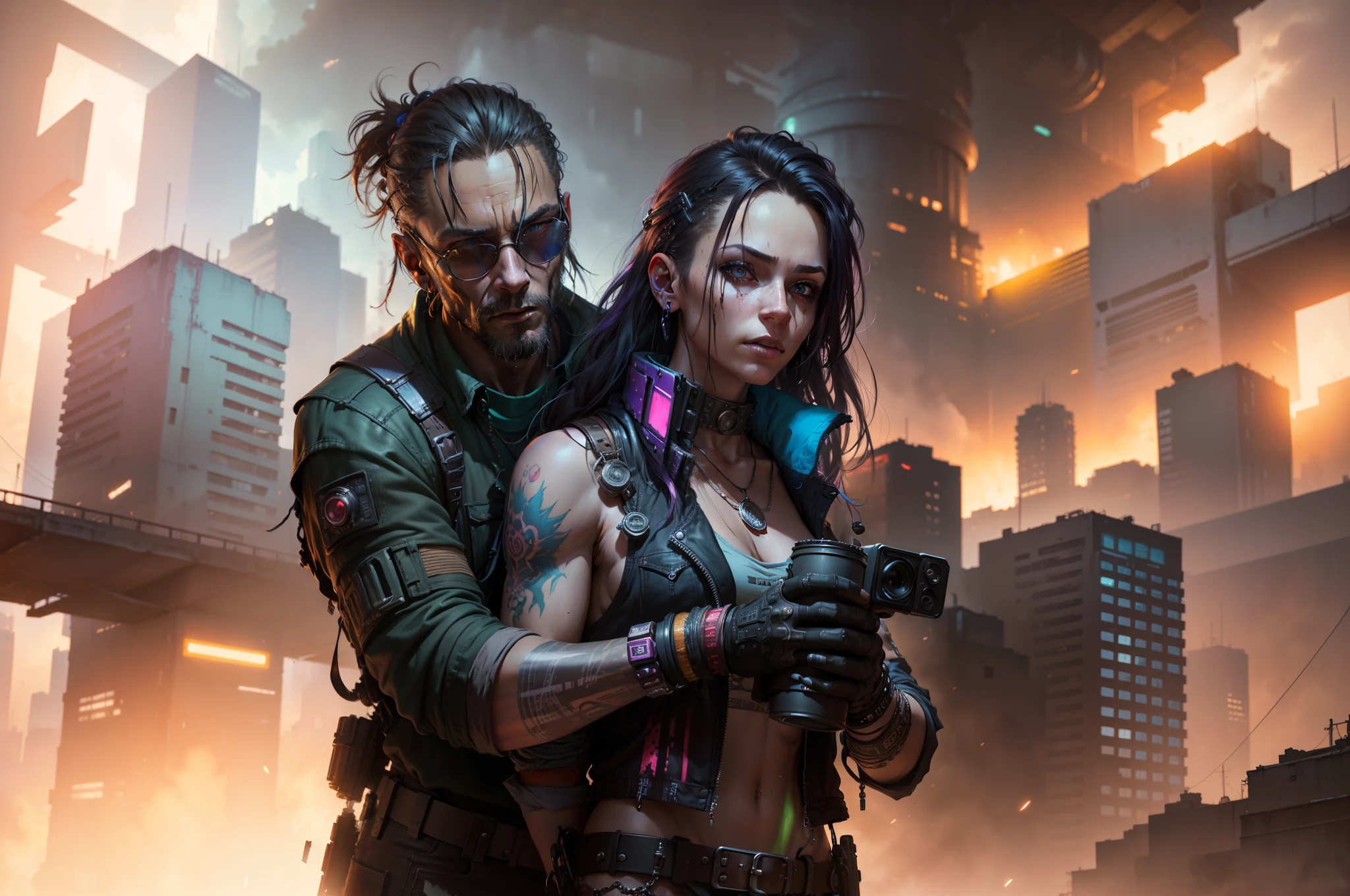 (masterpiece) highly detailed RAW, a post-apocalyptic man, vivid rainbow-themed cyberpunk city, hassanfantasy style, by Jeremy Mann and Donato Giancola ultra realistic highly detailed intricate photorealistic photo. The woman in the photo has to have female face, female body and female clothes