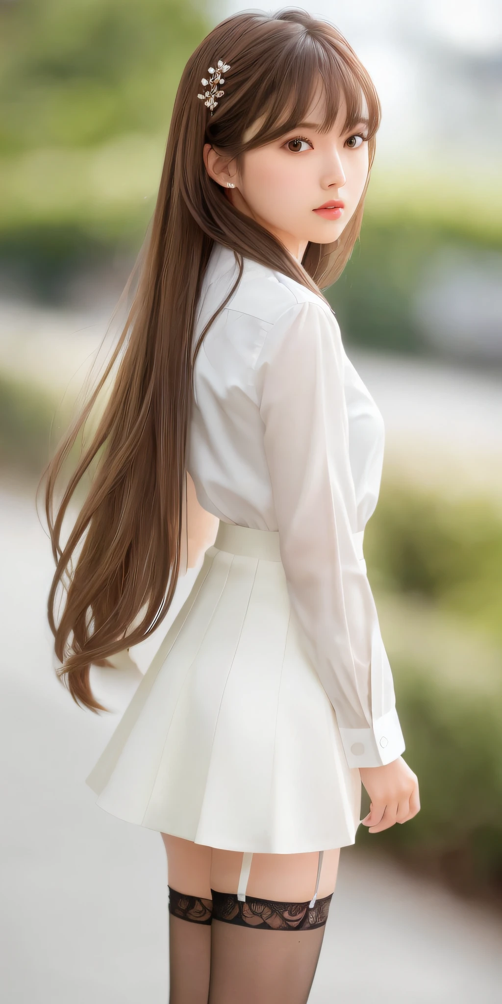 (8K, RAW Photo, Best Quality, Masterpiece: 1.2), (Realistic, Photorealistic: 1.37), Best Quality, Ultra High Resolution, Photon Mapping, Radiosity, Physically Based Rendering, Blur, Foreground, Depth of Field, Blurred Background, Photo_\ (Medium), Motion Blur, Girl, (Full Body), Back Figure, Long Legs, Thin Legs, Long Hair Arrangement,( (Upstyle)), Bangs, (bangs visible), hair_ornament, Lips, Hair clip, Solo, brown_eyes, nosesoft, sheer white blouse, miniskirt, stockings, lower,