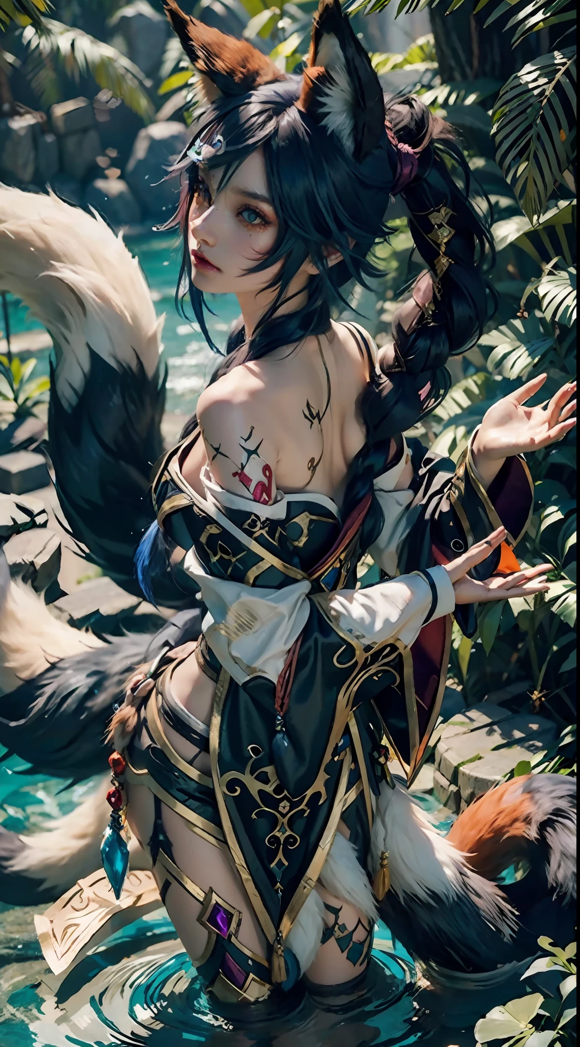 1 Girl, Fox, Fox \ (League of Legends), K/DA \ (League of Legends), Animal Ears, Face Markers, Fox Ears, Fox Tail, Orange Eyes, Multiple Tails, Tail, Water Protection