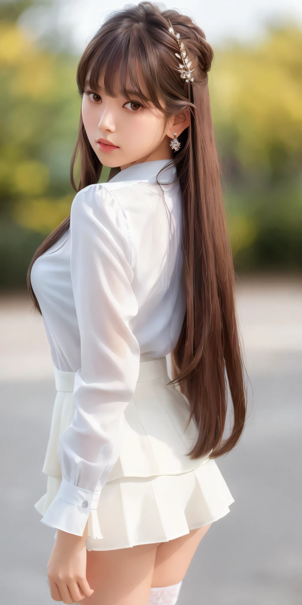 (8K, RAW Photo, Best Quality, Masterpiece: 1.2), (Realistic, Photorealistic: 1.37), Best Quality, Ultra High Resolution, Photon Mapping, Radiosity, Physically Based Rendering, Blur, Foreground, Depth of Field, Blurred Background, Photo_\ (Medium), Motion Blur, Girl, (Full Body), Back Figure, Long Legs, Thin Legs, Long Hair Arrangement,( (Upstyle)), Bangs, (bangs visible), hair_ornament, Lips, Hair clip, Solo, brown_eyes, nosesoft, sheer white blouse, miniskirt, stockings, lower,