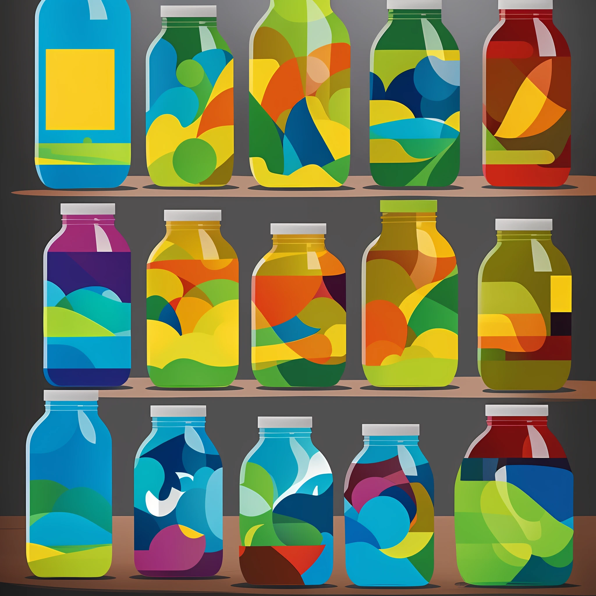 Make a flat illustration, plastic bottle silhouette evolves into a marine animal, the background color is dark blue, flat character style, Pixar style, edge light, super delicate, bright colors