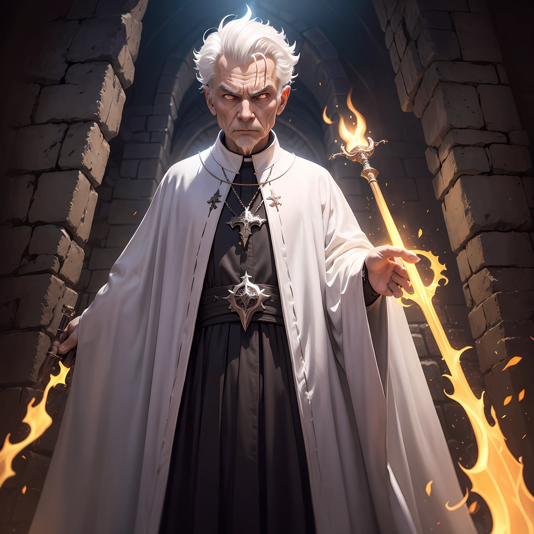 1oldman, solo, diablo, archbishop lazarus, white priestly robes, holding demonic staff, standing, in dark cobblestone catacombs. lighting, torch sconches, looking at viewer, evil expression., short combed hair, white hair, widows peak, cowboy shot, no facial hair, large room
