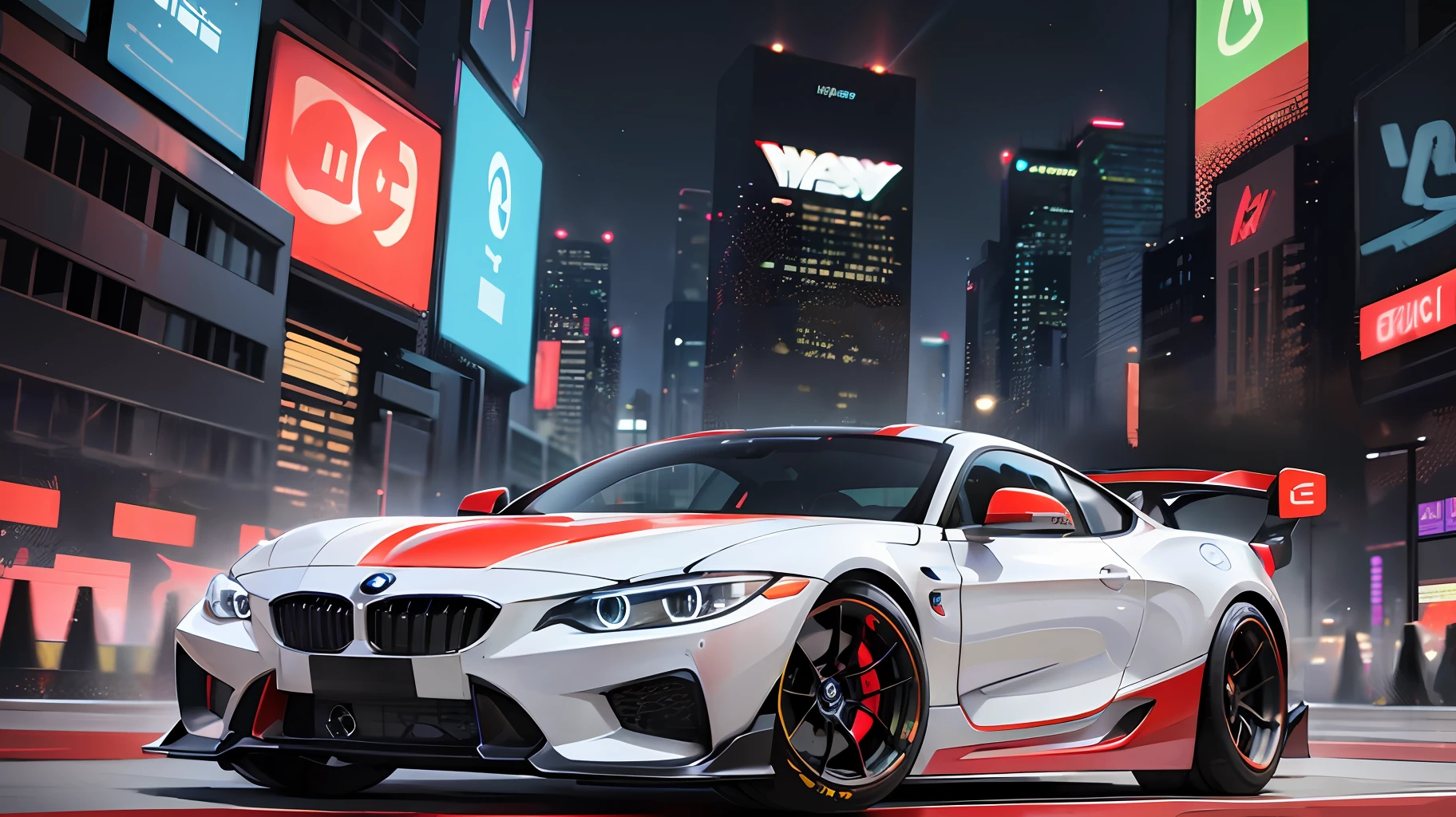 1 girl standing car, cars, space suit, black car, clean spoiler, very detailed, bright lights, cool car, rocket bunny, bmw, car under brightness, race track, (center frame), hire,red light,cyberpunk city, dark theme neon signs, (insanely detailed and intricate, hyper-realistic, futuristic cars), cyberpunk, high look, realistic look, ultrarealistic, bloom, bokeh, cinematic, film grain, ray tracing reflections, chromatic aberration, hypermaximalist, elegant, hyper-realistic, super detailed,4k --auto --s2