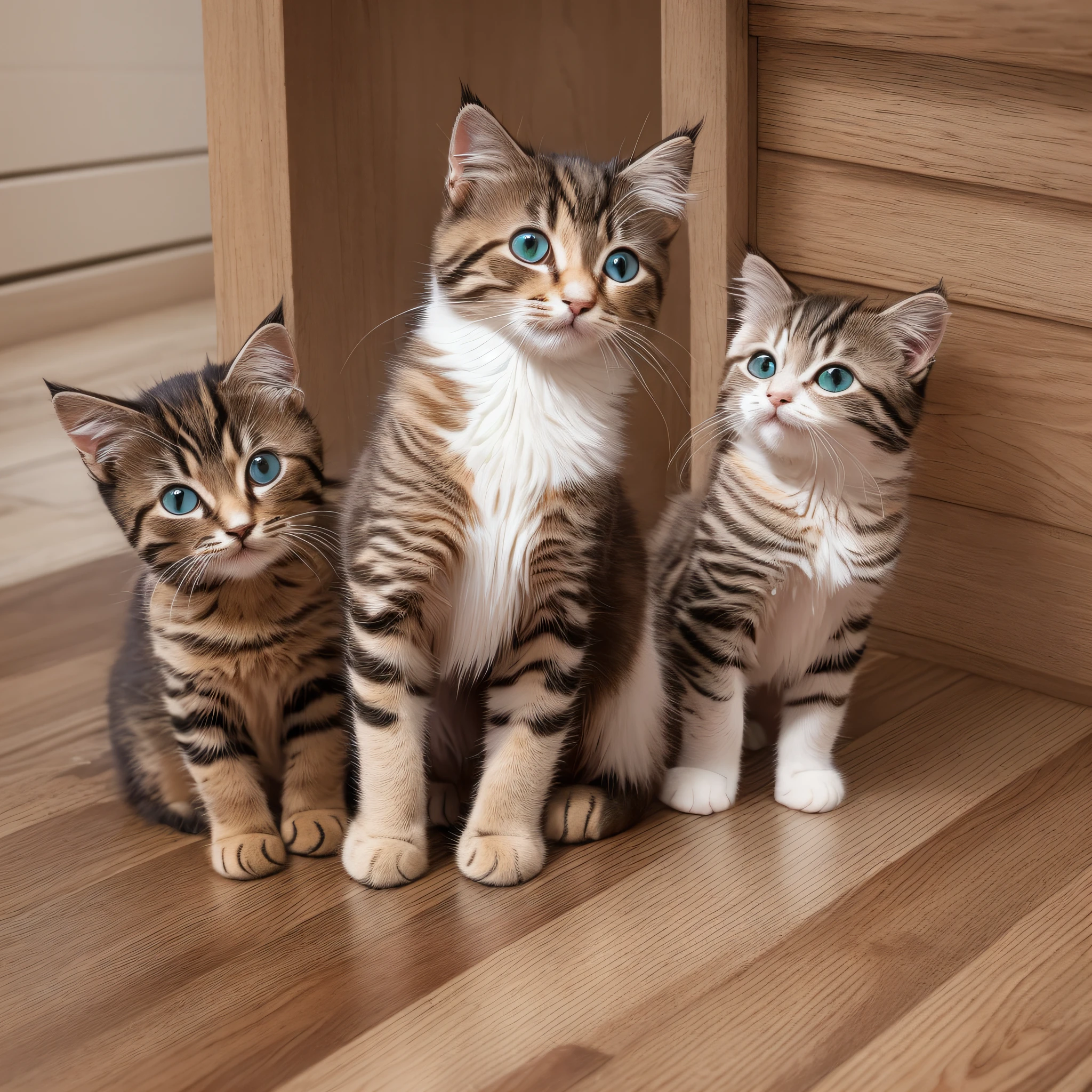 There are four kittens in costumes on wooden floor, cute cat, cat party, cute cat photos, cats, cute kittens, cowboy cats, dressed casually, very stylish, Tom and Jerry in real life, cute and funny, hd wallpaper, new cat movie, funny cat, mobile wallpaper, high quality wallpaper, cat, in action pose