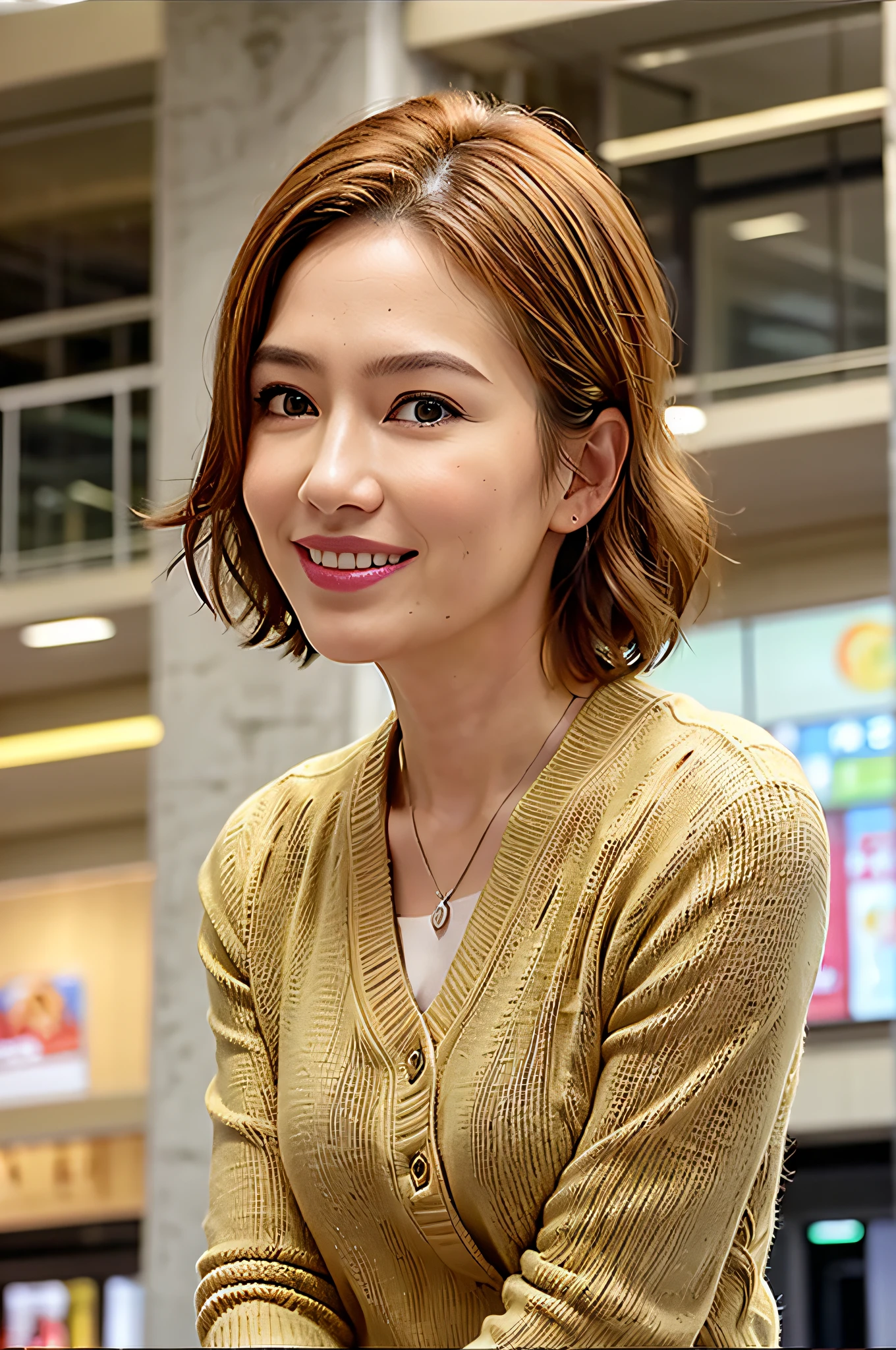 (Shopping Mall:1.5), Blonde Fringe Hair, Short Hair, Brown Eyes, One Girl, , Neck Stethoscope, Smile, Innocence, 100mm Lens, (Photorealistic), Watch Viewer, As a Doctor, (Complex Details:1.2),(Masterpiece, :1.3),(Best Quality:1.4), (Ultra High Definition:1.2), Ultra High Definition, (Detailed Eyes), (Detailed Facial Features), HDR, 8K resolution, (stethoscope), Far view, Floor reflection, (Lens flare: 0.7), Turn around