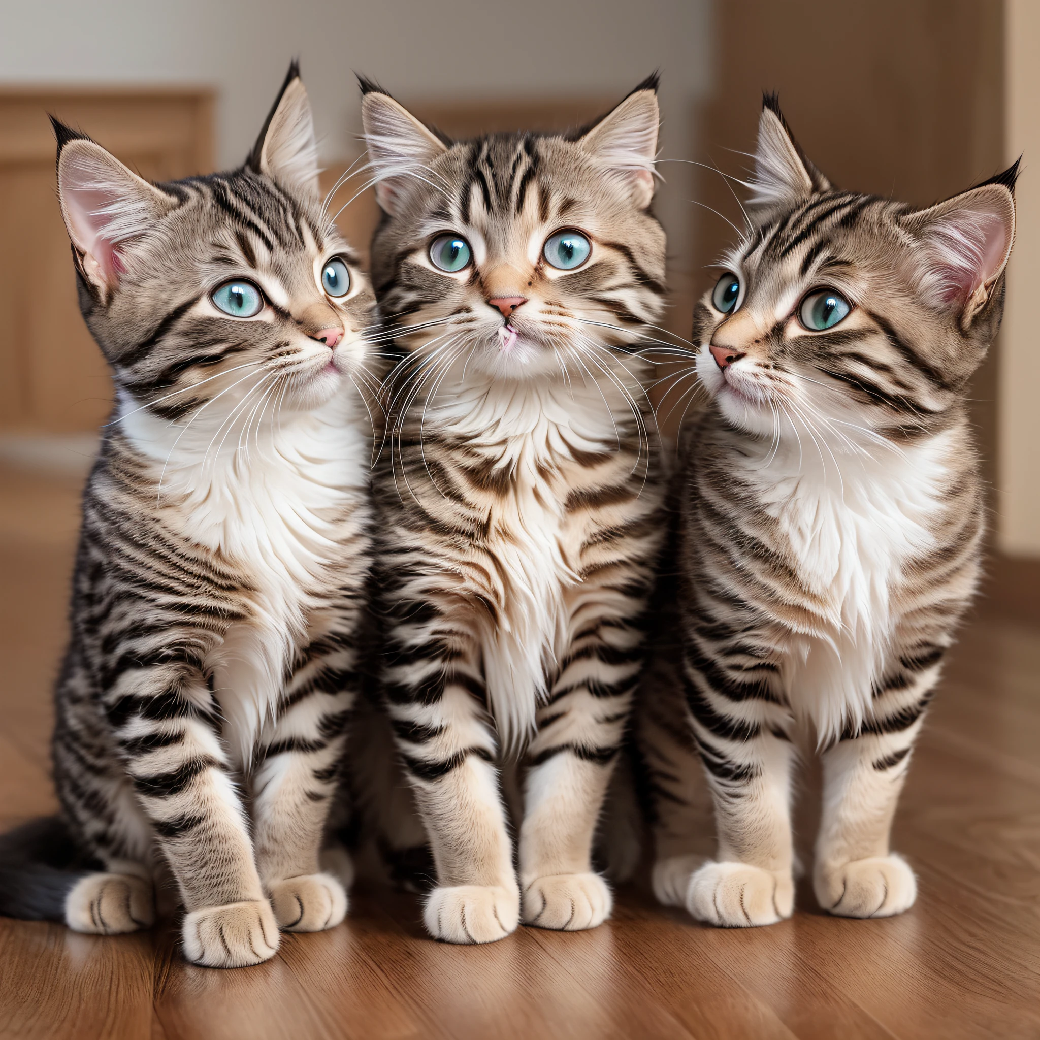 There are four kittens in costumes on wooden floor, cute cat, cat party, cute cat photos, cats, cute kittens, cowboy cats, dressed casually, very stylish, Tom and Jerry in real life, cute and funny, hd wallpaper, new cat movie, funny cat, mobile wallpaper, high quality wallpaper, cat, in action pose