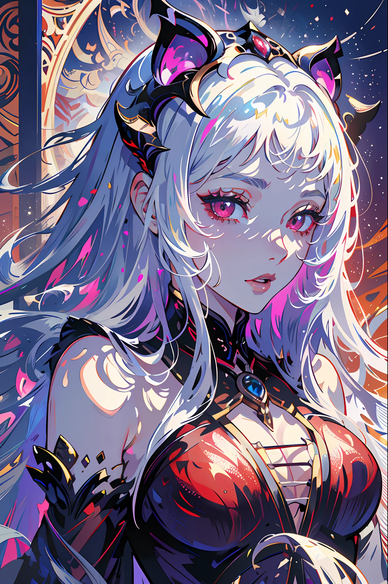 (masterpiece, top quality, best quality, official art, beautiful and aesthetic:1.2), (1girl:1.3), (fractal art:1.3),absurd, masterpiece, best quality, realistic, hyper-detailed, (shiny skin, sweaty:1.4), looking at viewer, slender, 1girl, solo,  white sneakers, white miniskirt, straight long hair, princess cut, purple hair, red eyes, (thick thighs:0.5), dynamic lighting, high resolution, sharp focus, depth of field, small breasts,vampire,  masterpiece, best quality, ultra-detailed, illustration, ultra-detailed face, best quality face, evil, 30 years old, adult, 1girl, 30 years old,  no human, white hair, alchemy outfit, intricate detailed outfit, sexy pose, glowing red dress